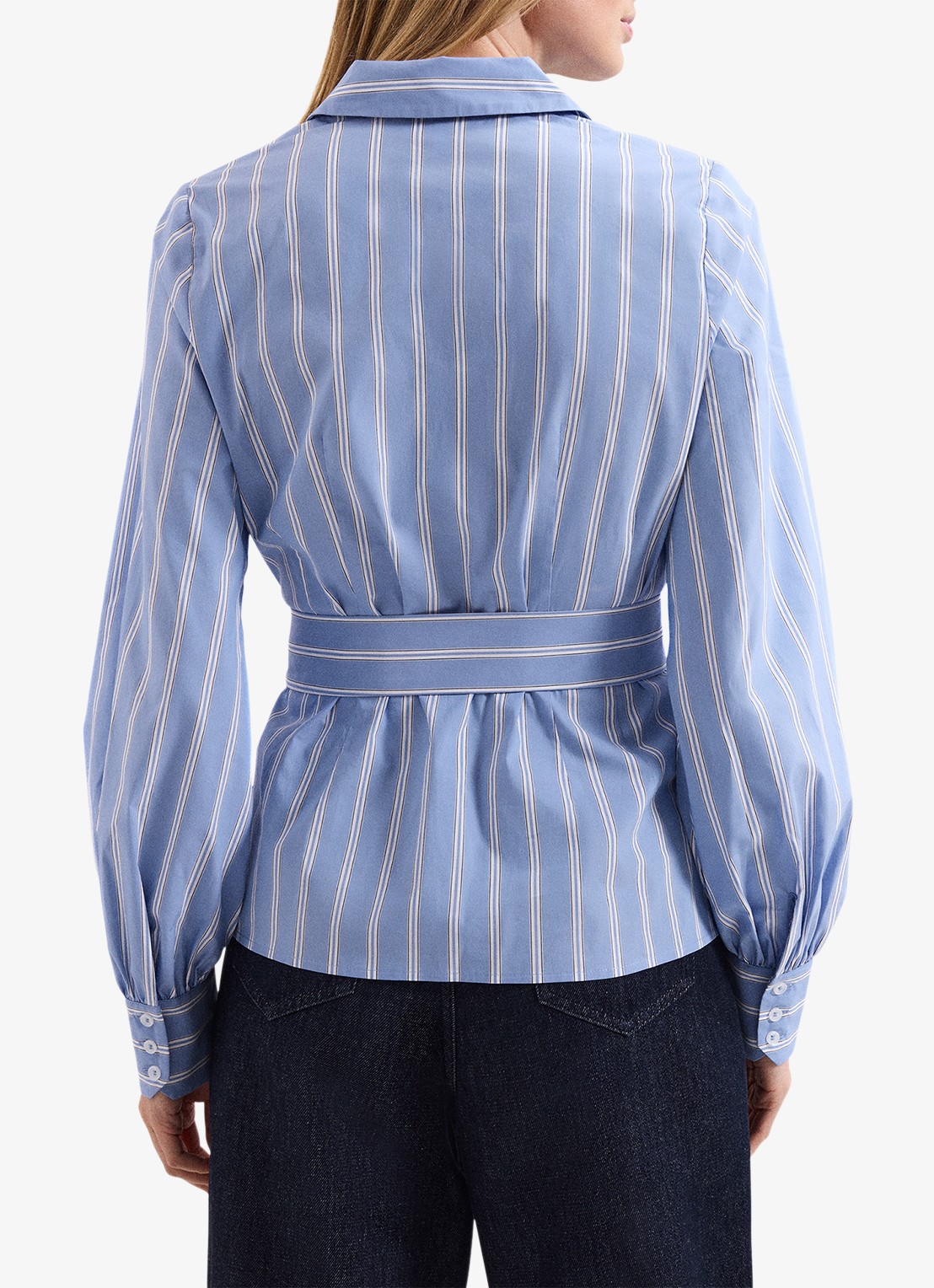 Phase Eight Dakota blouse met streepprint en strikceintuur - achterkant 6 donkerblauw