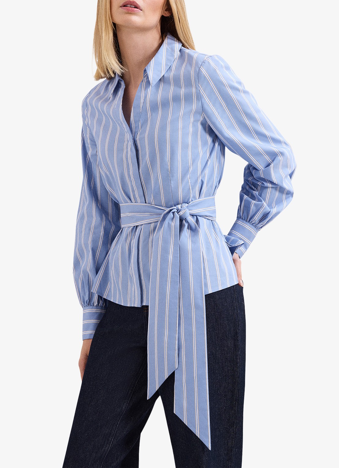Phase Eight Dakota blouse met streepprint en strikceintuur - detail donkerblauw