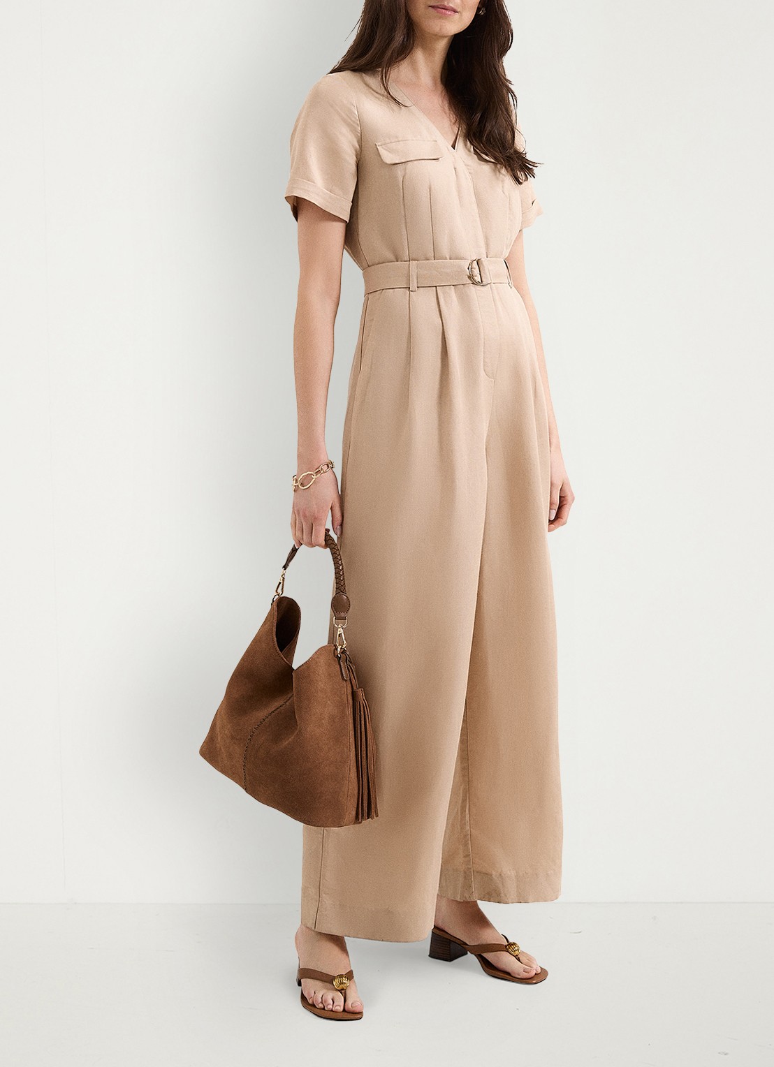 Phase Eight Daniela loose fit jumpsuit met strikceintuur - voorkant 3 beige