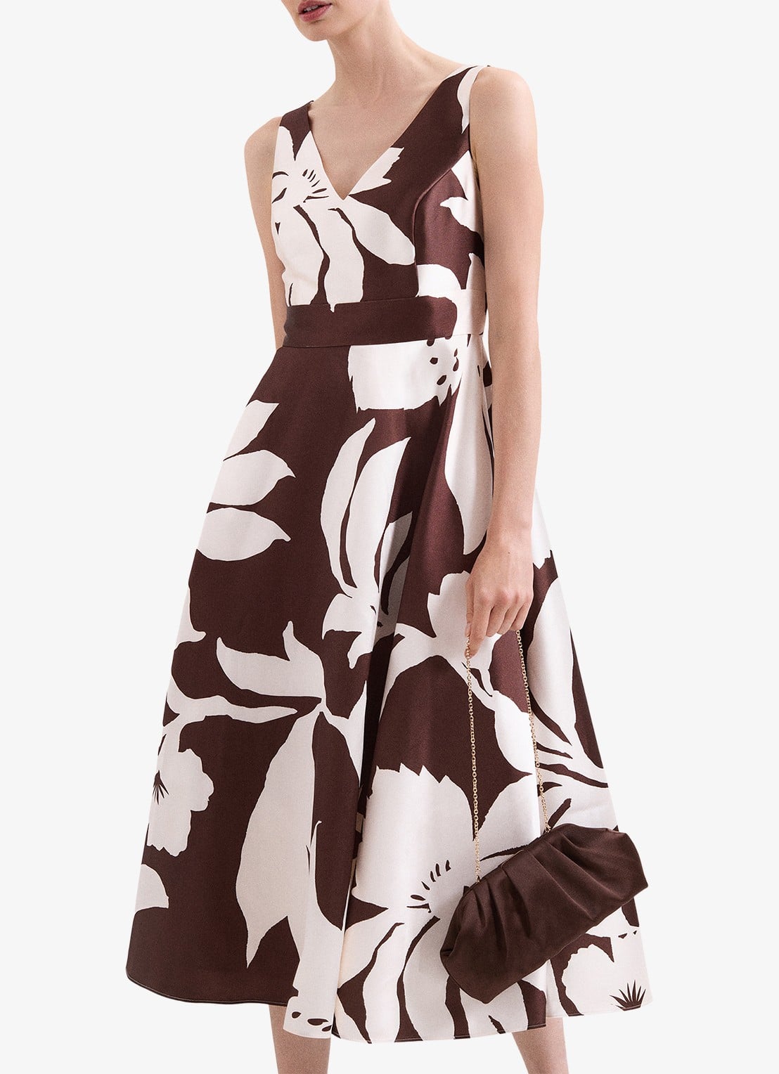 Phase Eight Delicia midi jurk met bloemenprint - detail 3 chocoladebruin