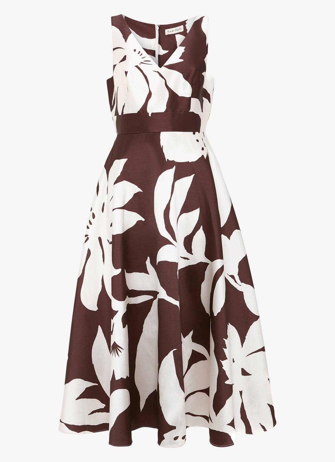Phase Eight Delicia midi jurk met bloemenprint - voorkant chocoladebruin