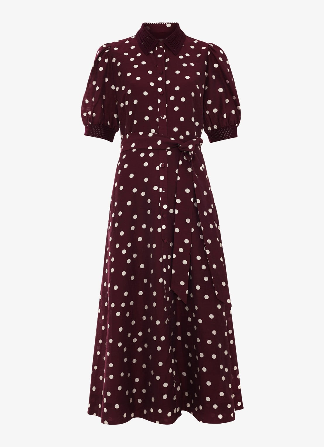 Phase Eight Delphine midi blousejurk met stippenprint en strikceintuur - voorkant burgundy