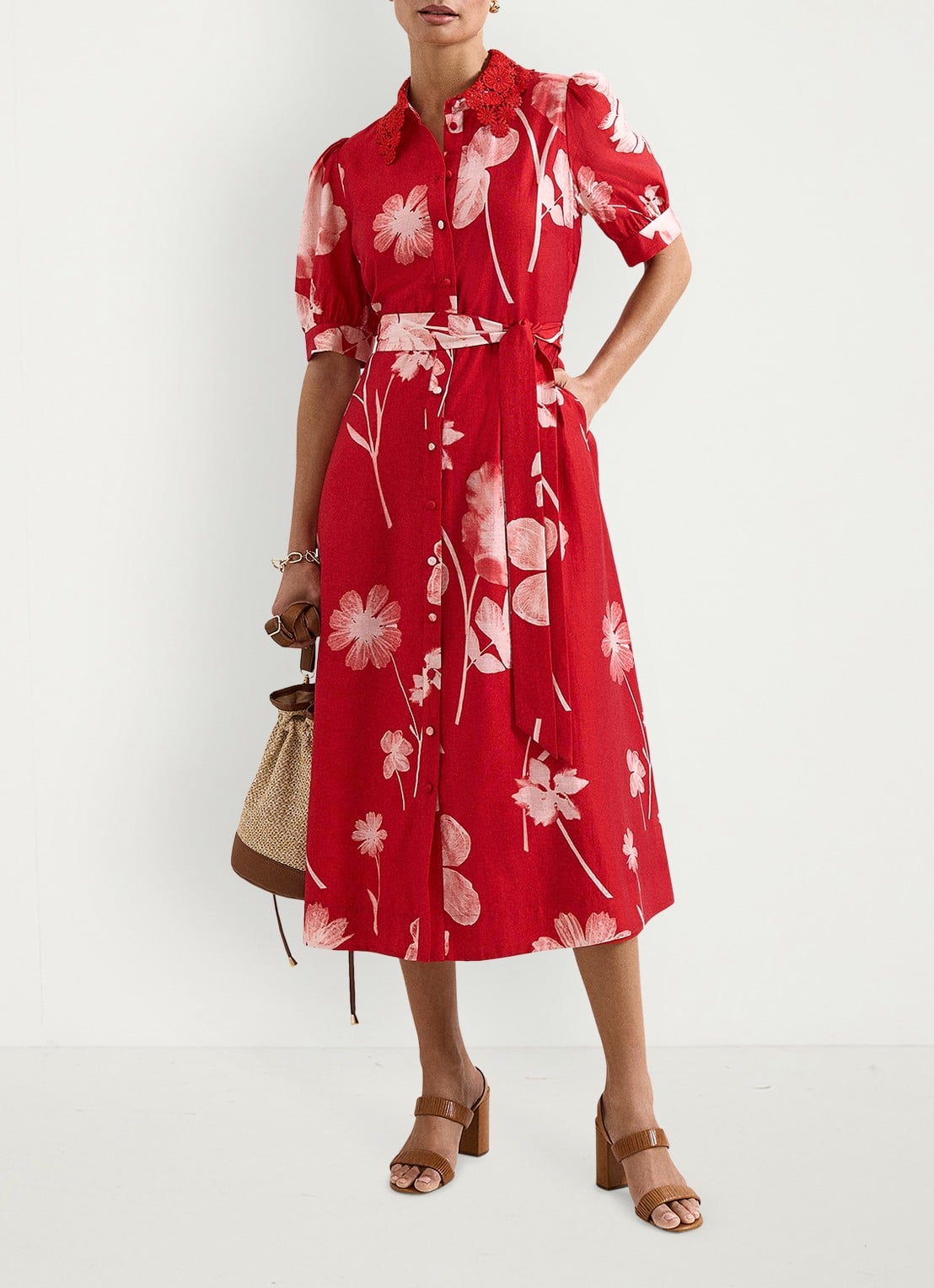 Phase Eight Delphine midi jurk met bloemenprint - voorkant 7 rood