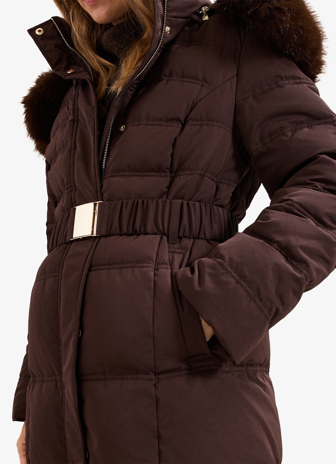 Phase Eight Dixie puffer jas met afneembare imitatiebontkraag - detail 7 donkerbruin