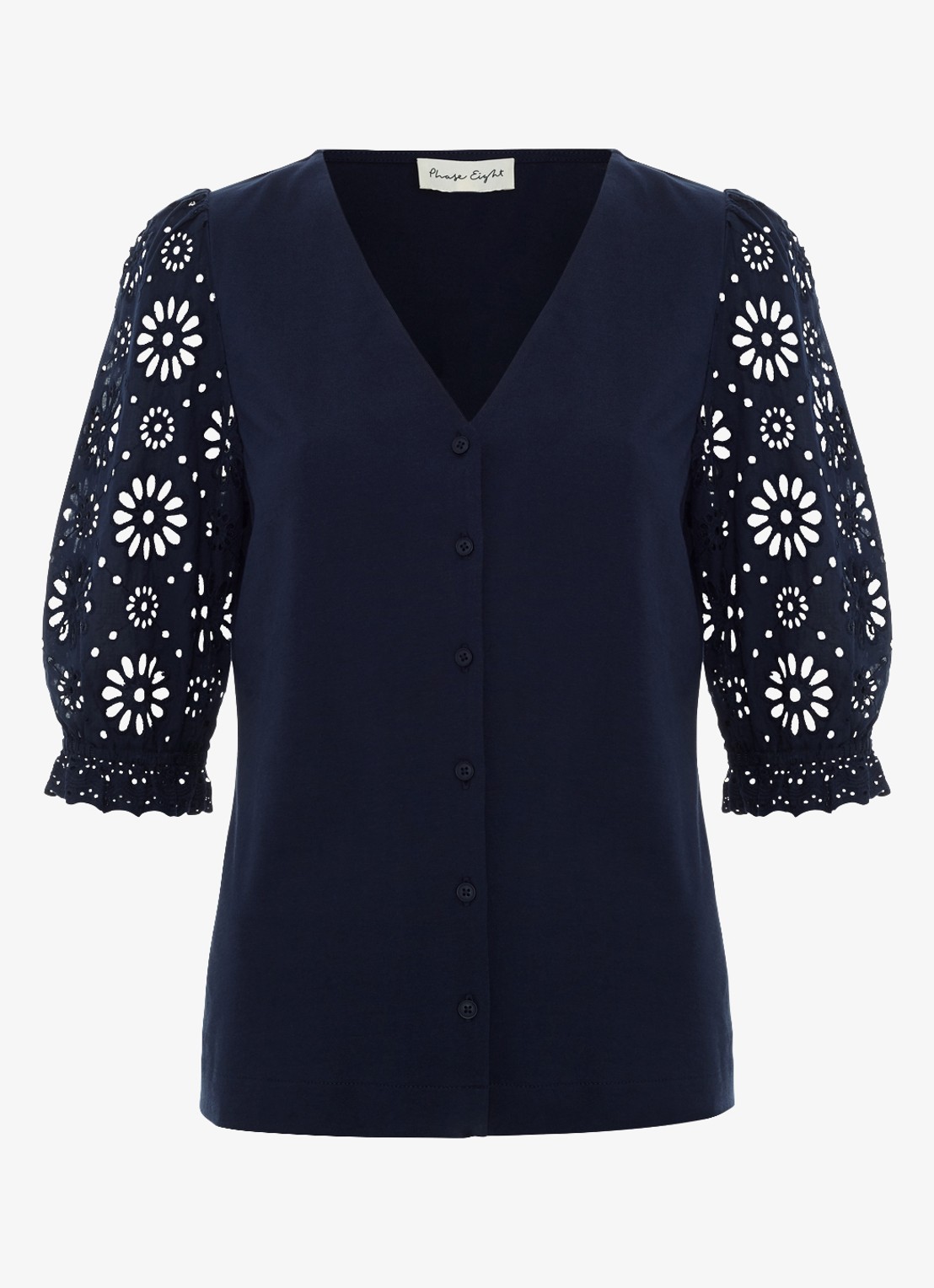 Phase Eight Eleanor top met broderie en V-hals - voorkant navy