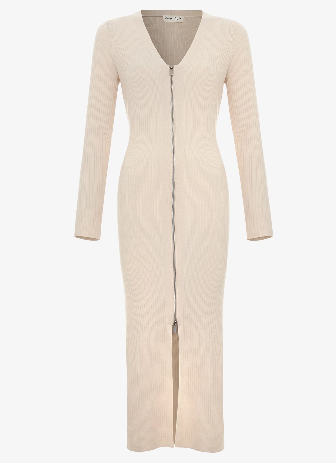 Phase Eight Ella fijngebreide midi jurk met split - voorkant 7 beige