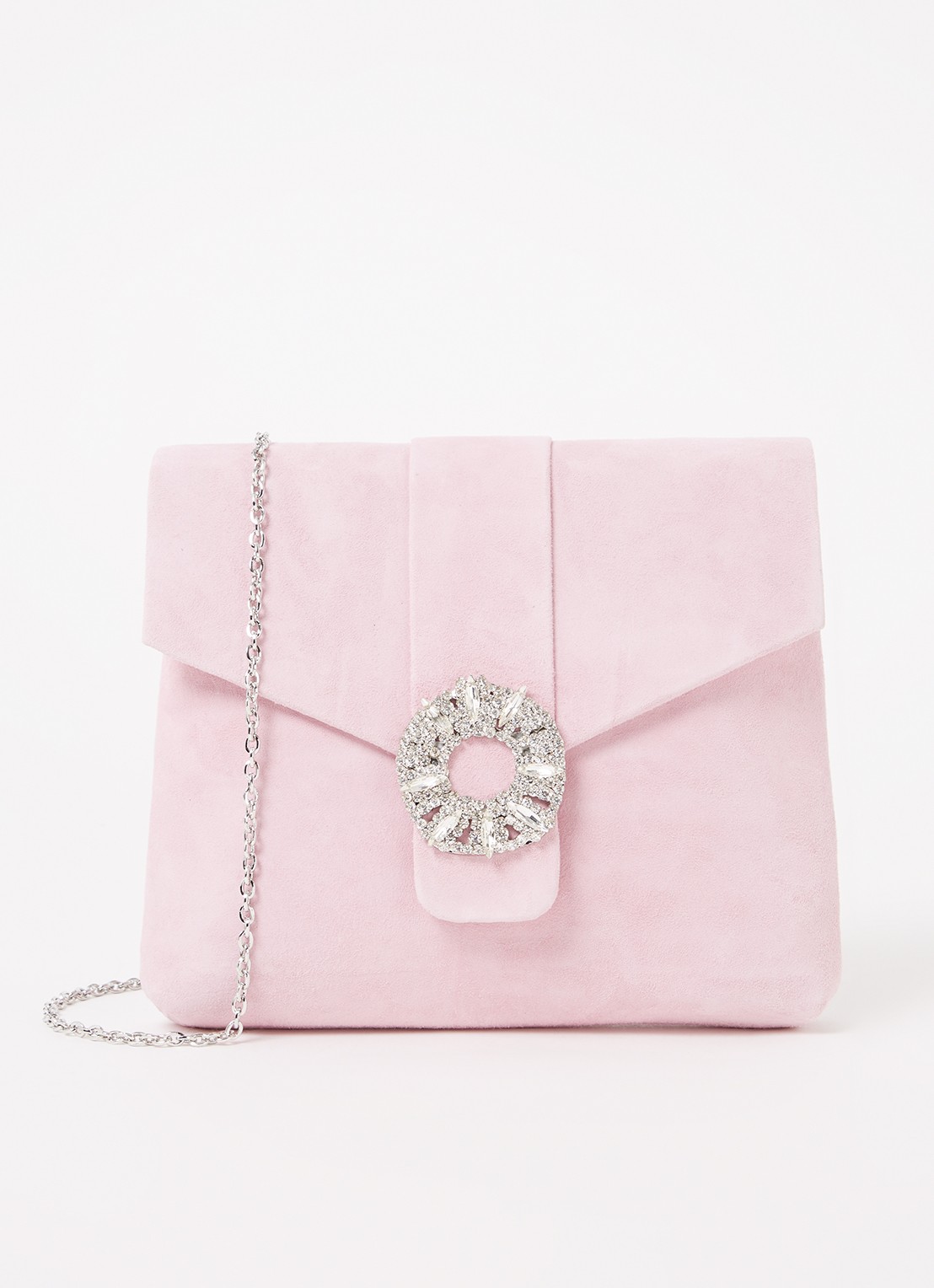 Phase Eight Embellished clutch van suède met strass - voorkant 4 lichtroze