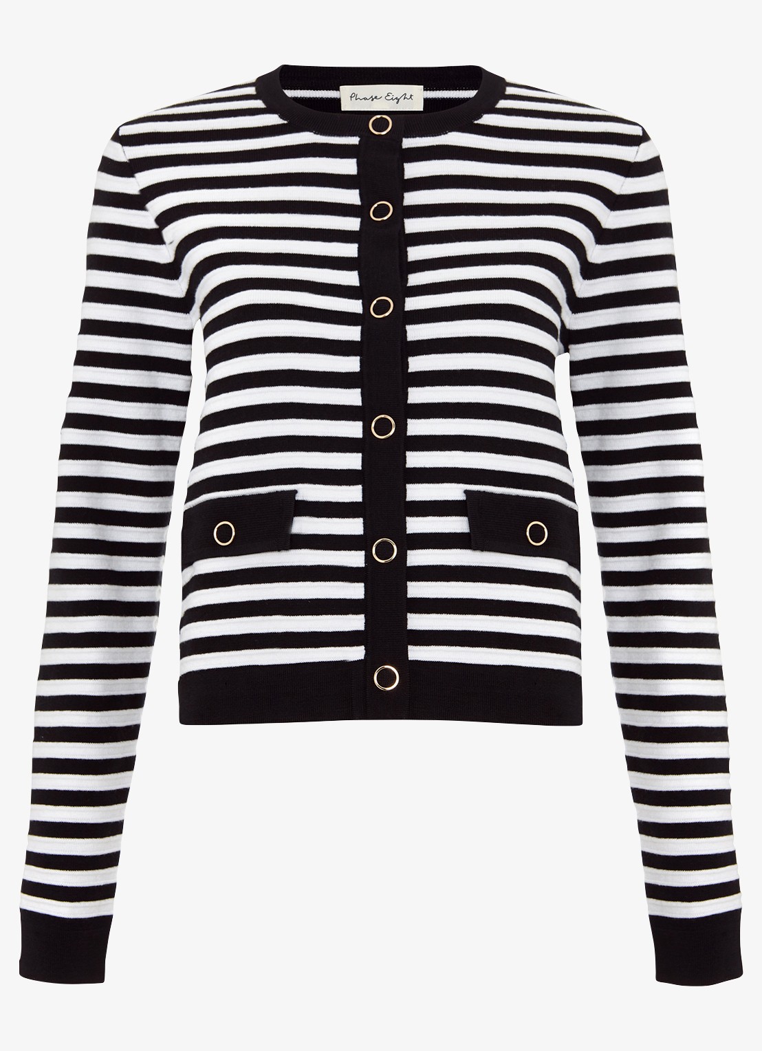 Phase Eight Evie fijngebreid vest in wolblend met streepprint - voorkant 7 zwart