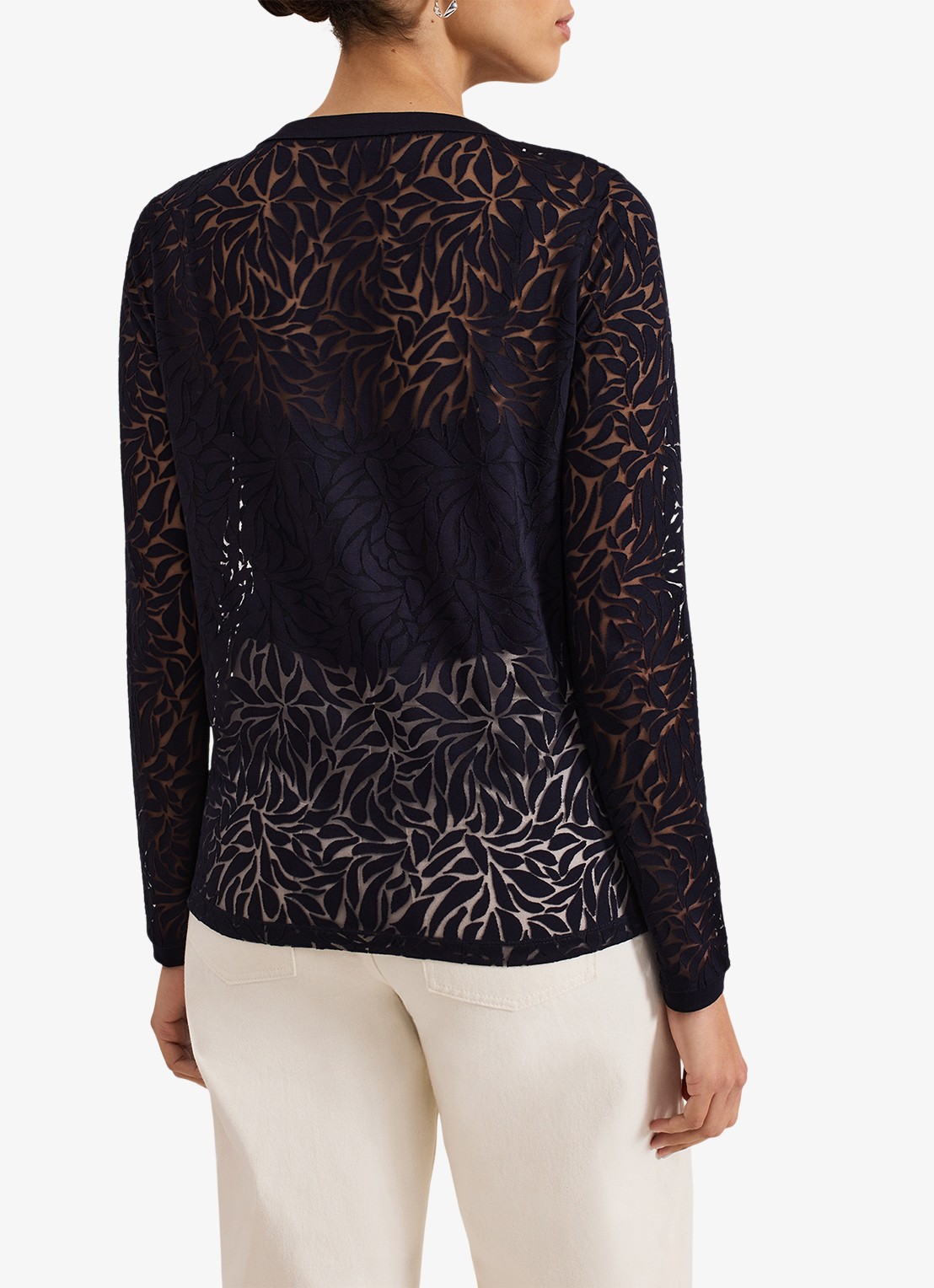 Phase Eight Fern Burnout semi-transparante top met bladprint - achterkant blauw