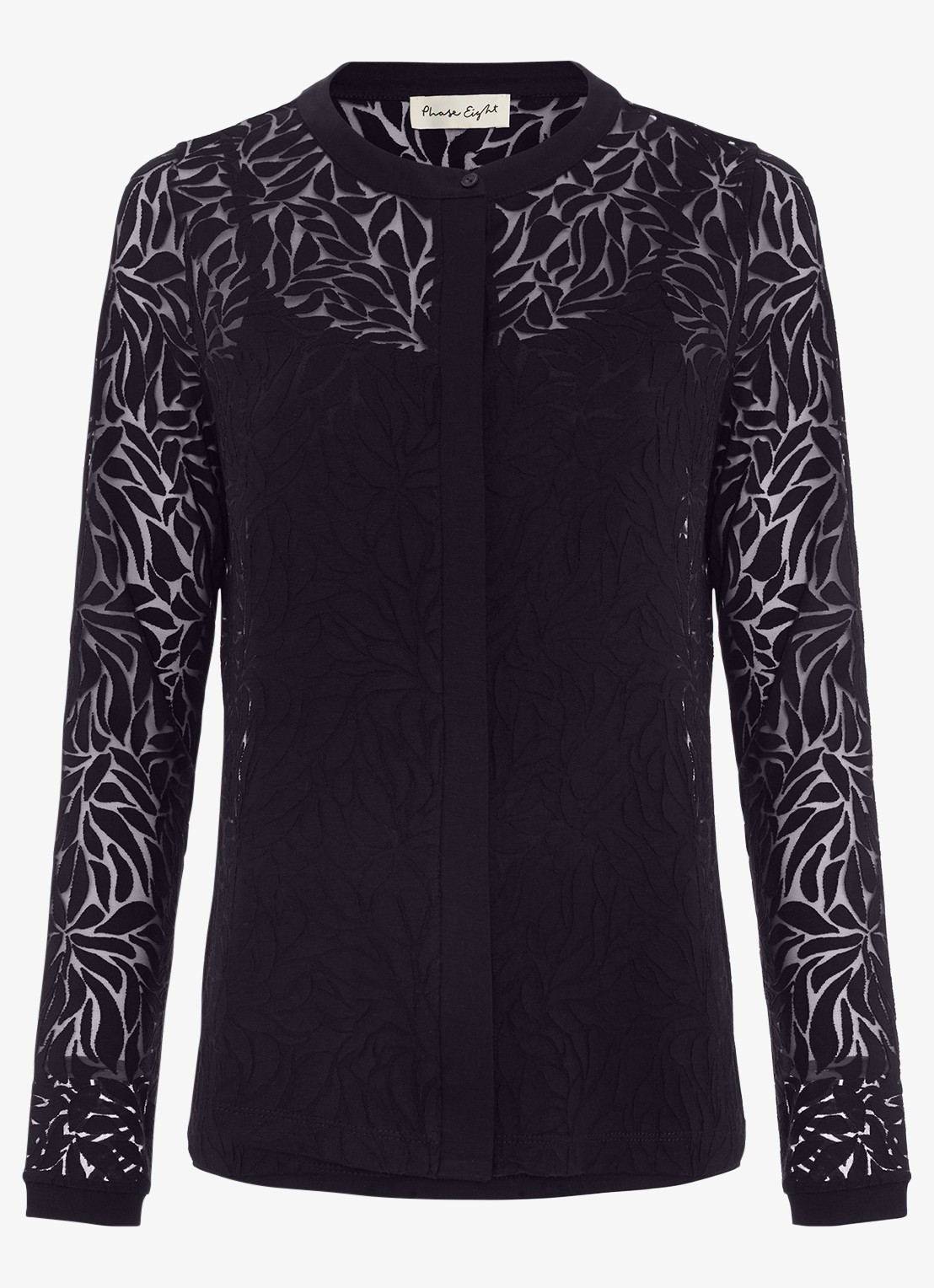 Phase Eight Fern Burnout semi-transparante top met bladprint - voorkant 2 blauw