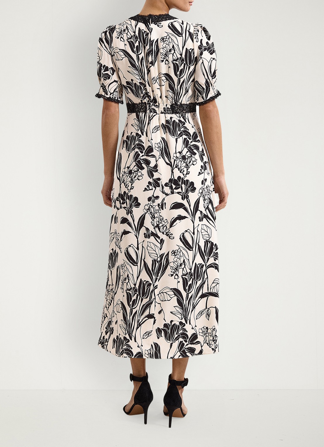 Phase Eight Feyre midi jurk van satijn met bloemenprint - achterkant 8 donkerblauw