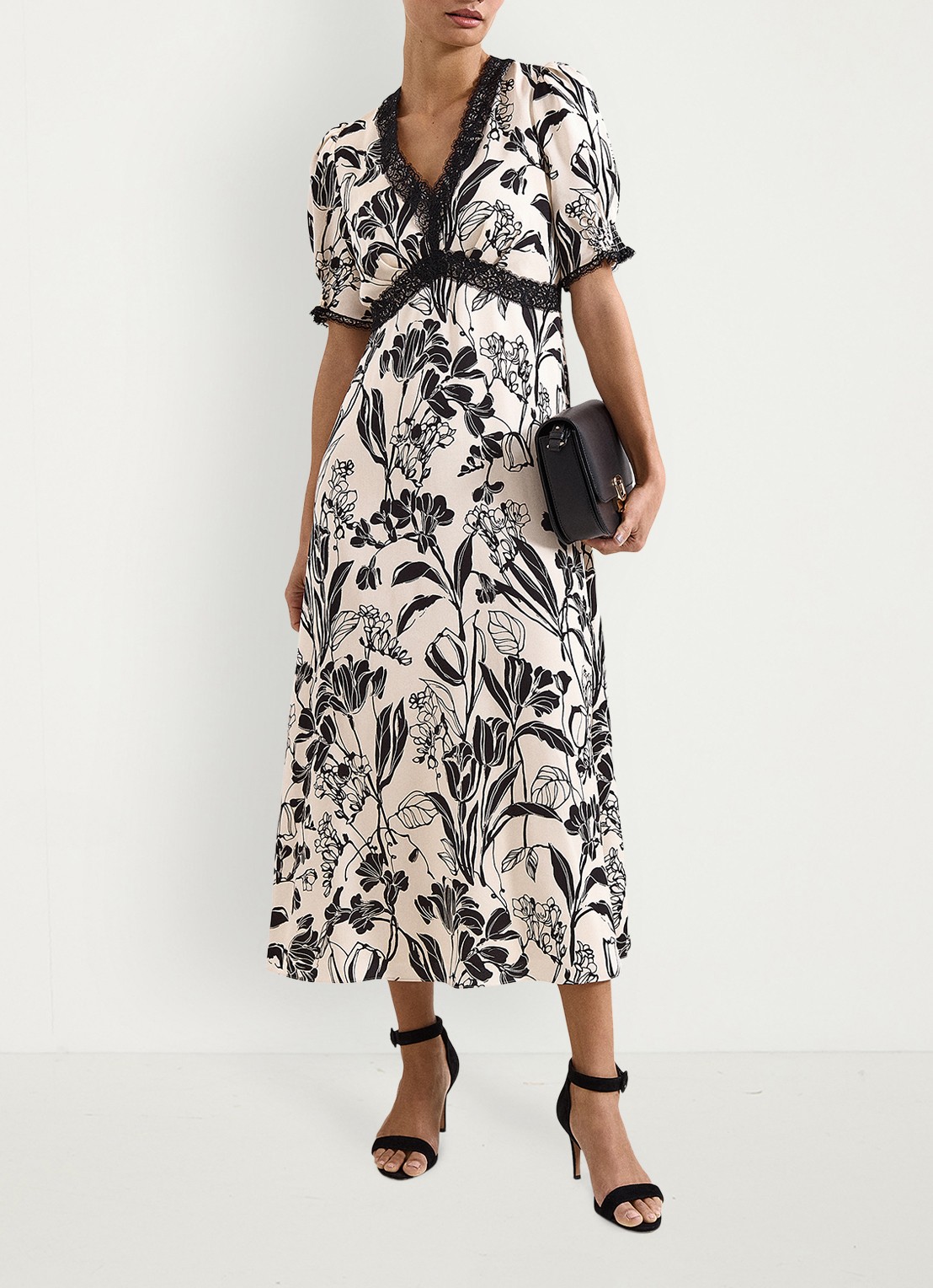Phase Eight Feyre midi jurk van satijn met bloemenprint - voorkant 2 donkerblauw