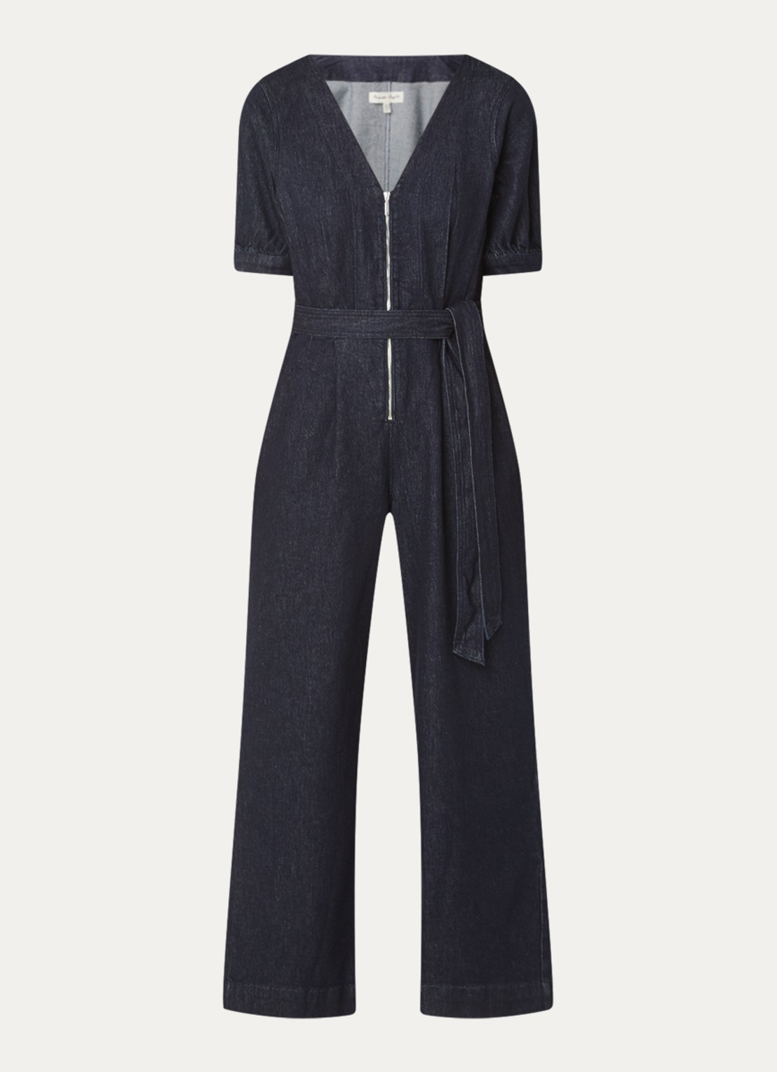 Phase Eight Florisa flared jumpsuit van denim met strikceintuur - voorkant 3 indigo