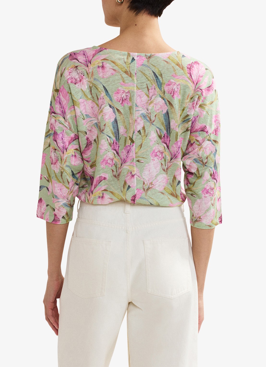 Phase Eight Flossie top van linnen met bloemenprint - achterkant 8 lindegroen