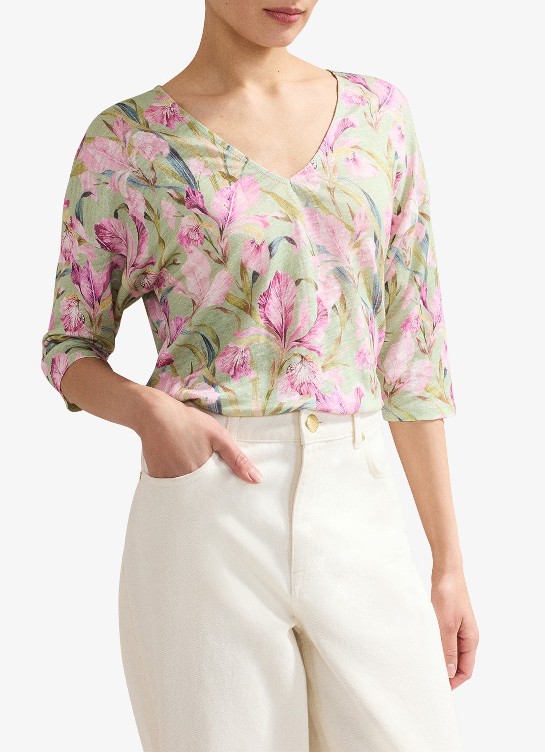 Phase Eight Flossie top van linnen met bloemenprint - detail 3 lindegroen