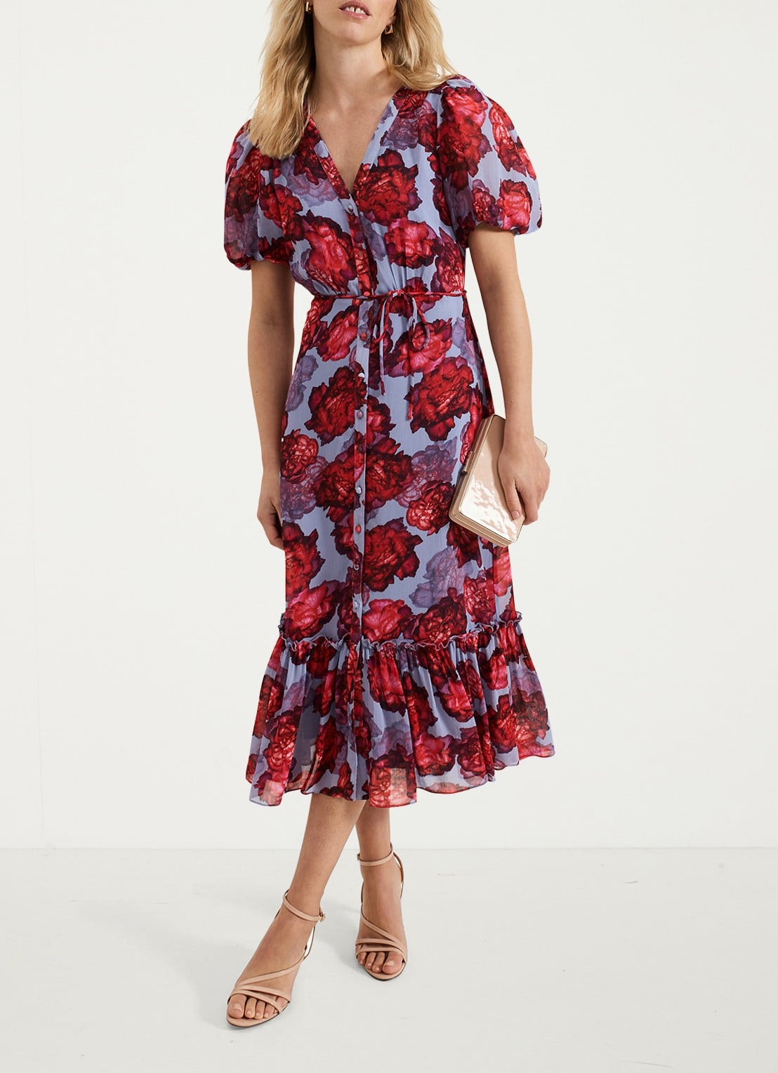 Phase Eight Francesca midi blousejurk met bloemenprint - voorkant 2 lichtblauw