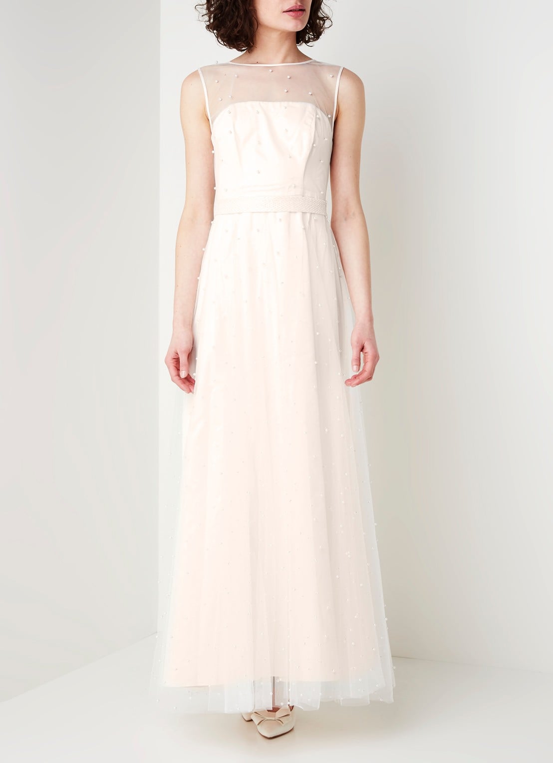 Phase Eight Genova maxi jurk met tule en imitatieparels - voorkant 4 perzikroze
