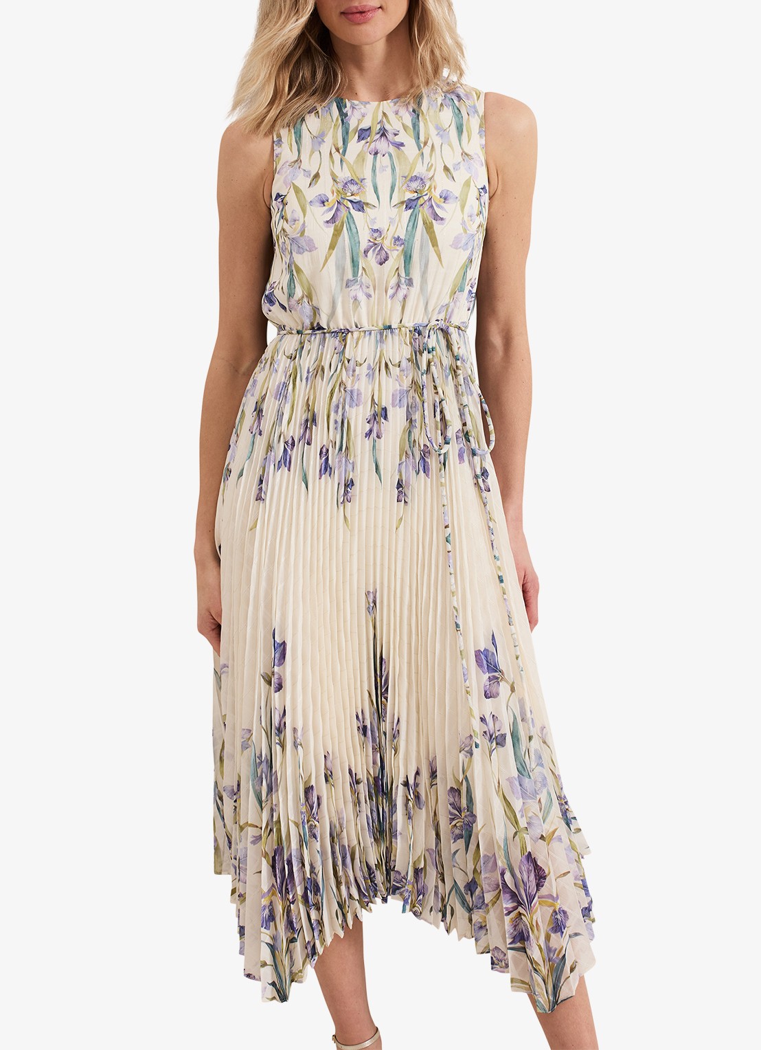 Phase Eight Georgiana mouwloze midi jurk met bloemenprint en plissé - detail 3 creme