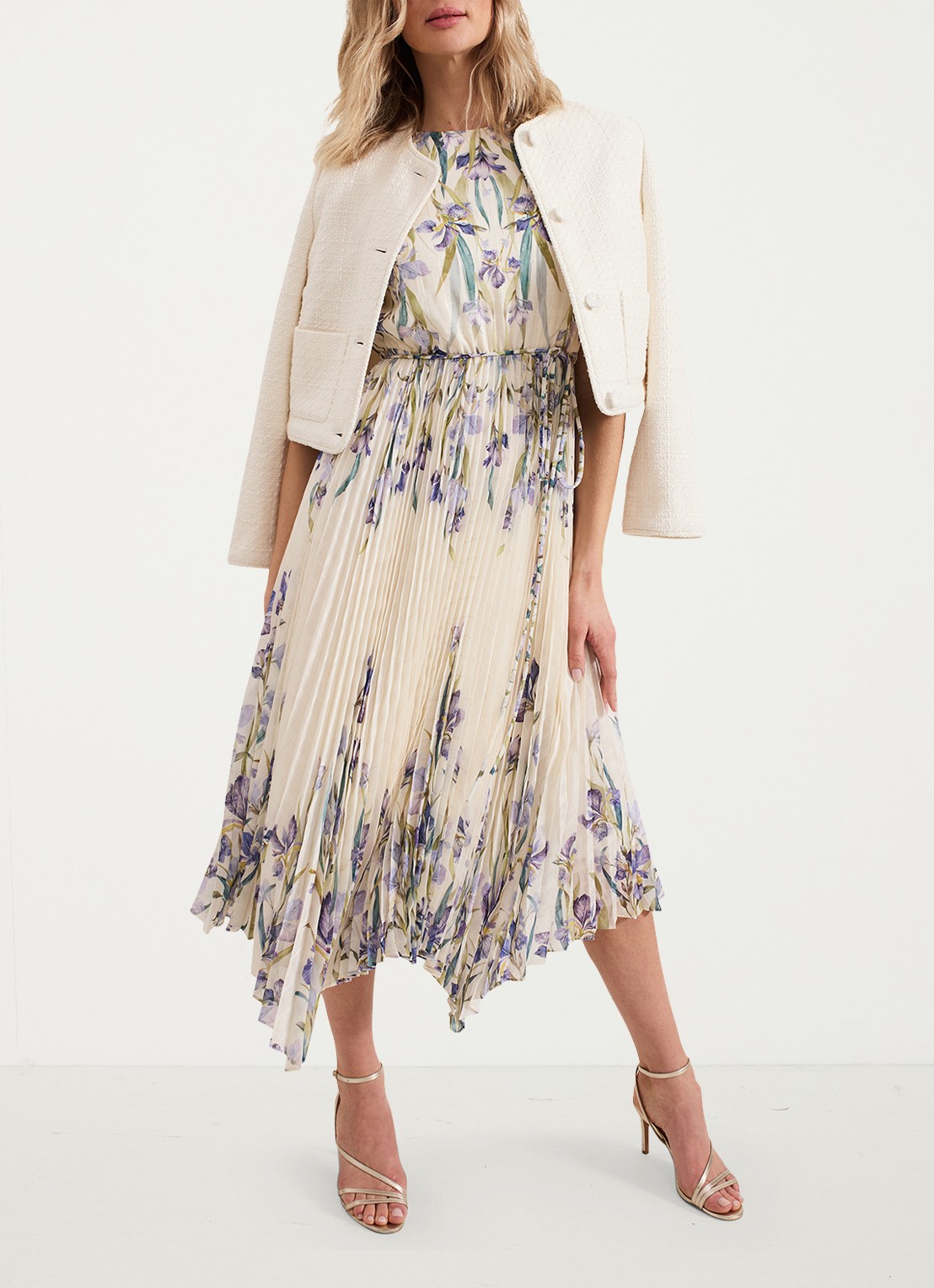 Phase Eight Georgiana mouwloze midi jurk met bloemenprint en plissé - detail 7 creme