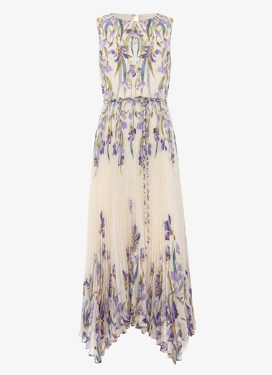 Phase Eight Georgiana mouwloze midi jurk met bloemenprint en plissé - voorkant creme