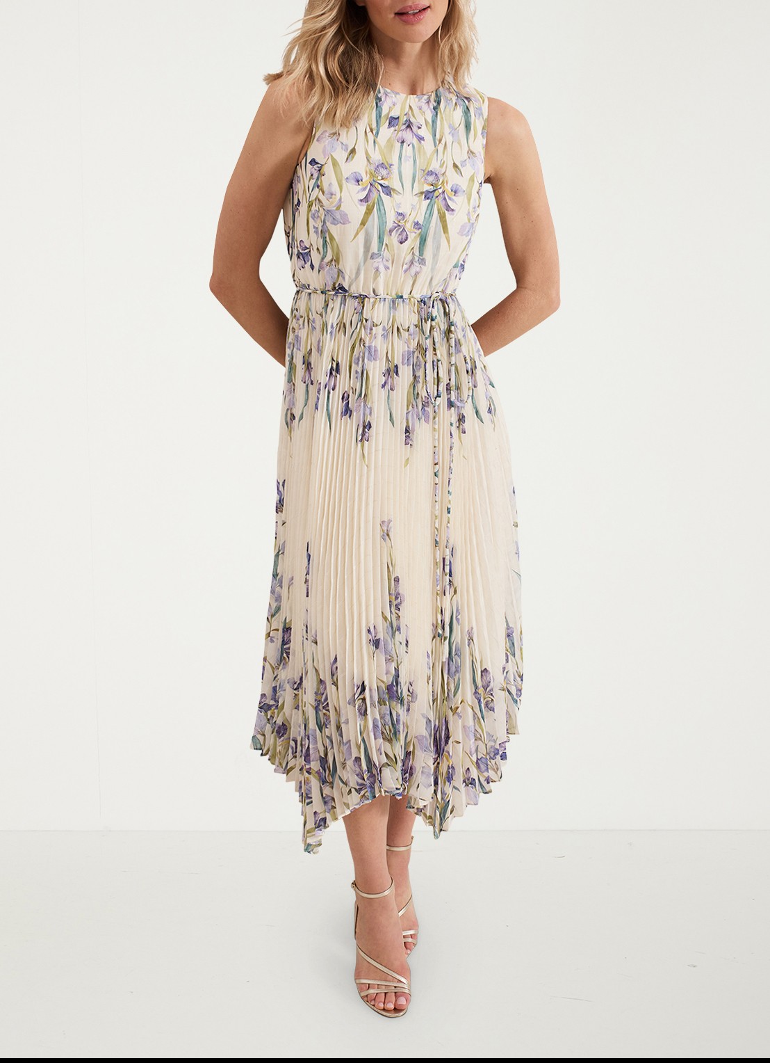 Phase Eight Georgiana mouwloze midi jurk met bloemenprint en plissé - voorkant 2 creme