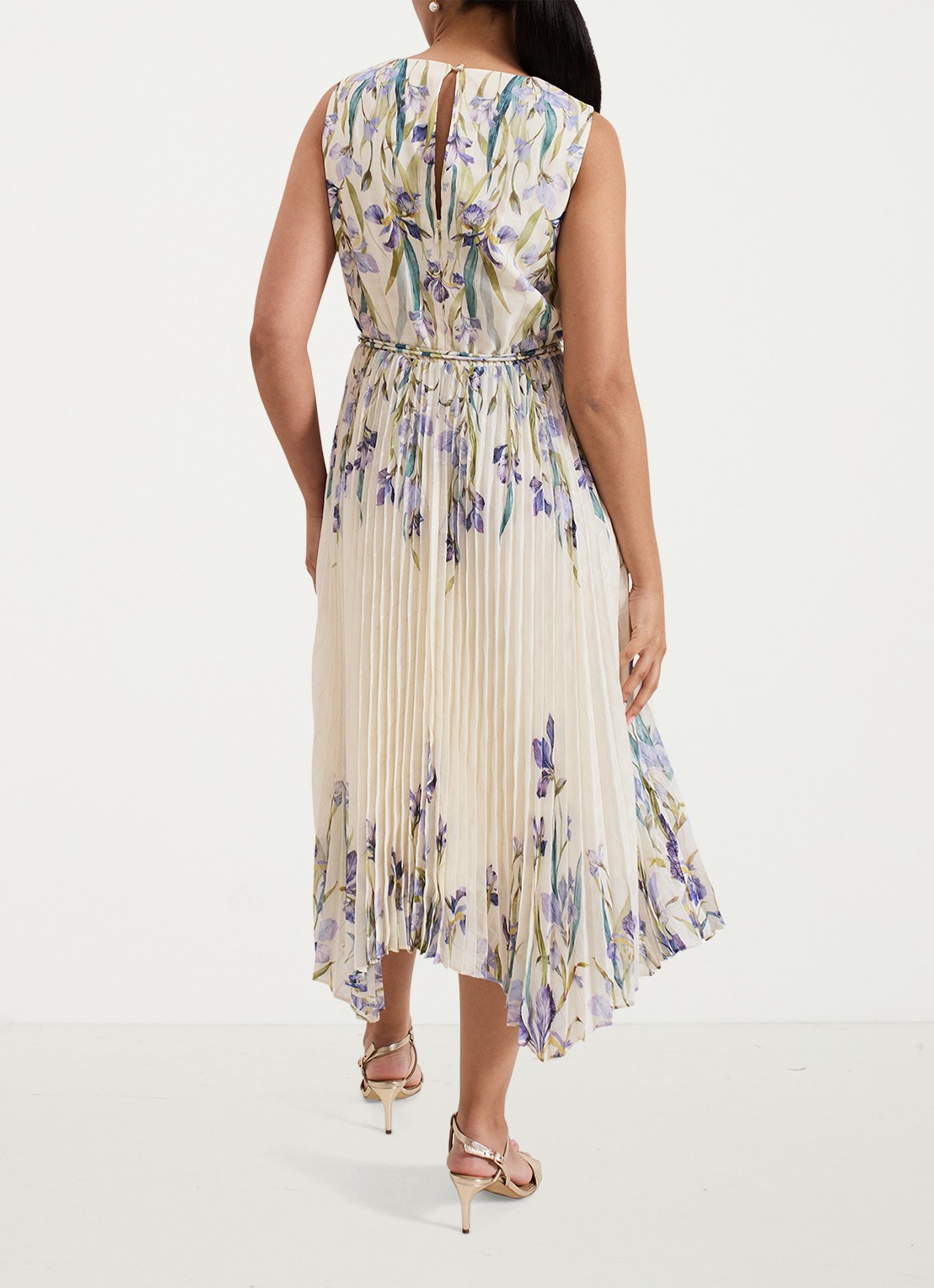 Phase Eight Georgiana mouwloze midi jurk met bloemenprint en plissé - achterkant 5 creme