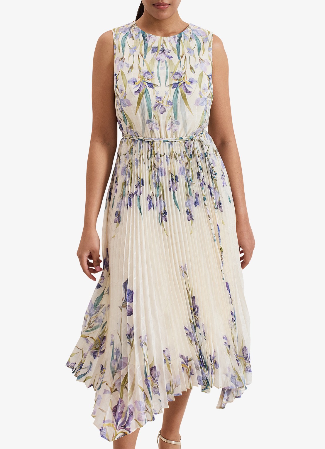 Phase Eight Georgiana mouwloze midi jurk met bloemenprint en plissé - detail creme