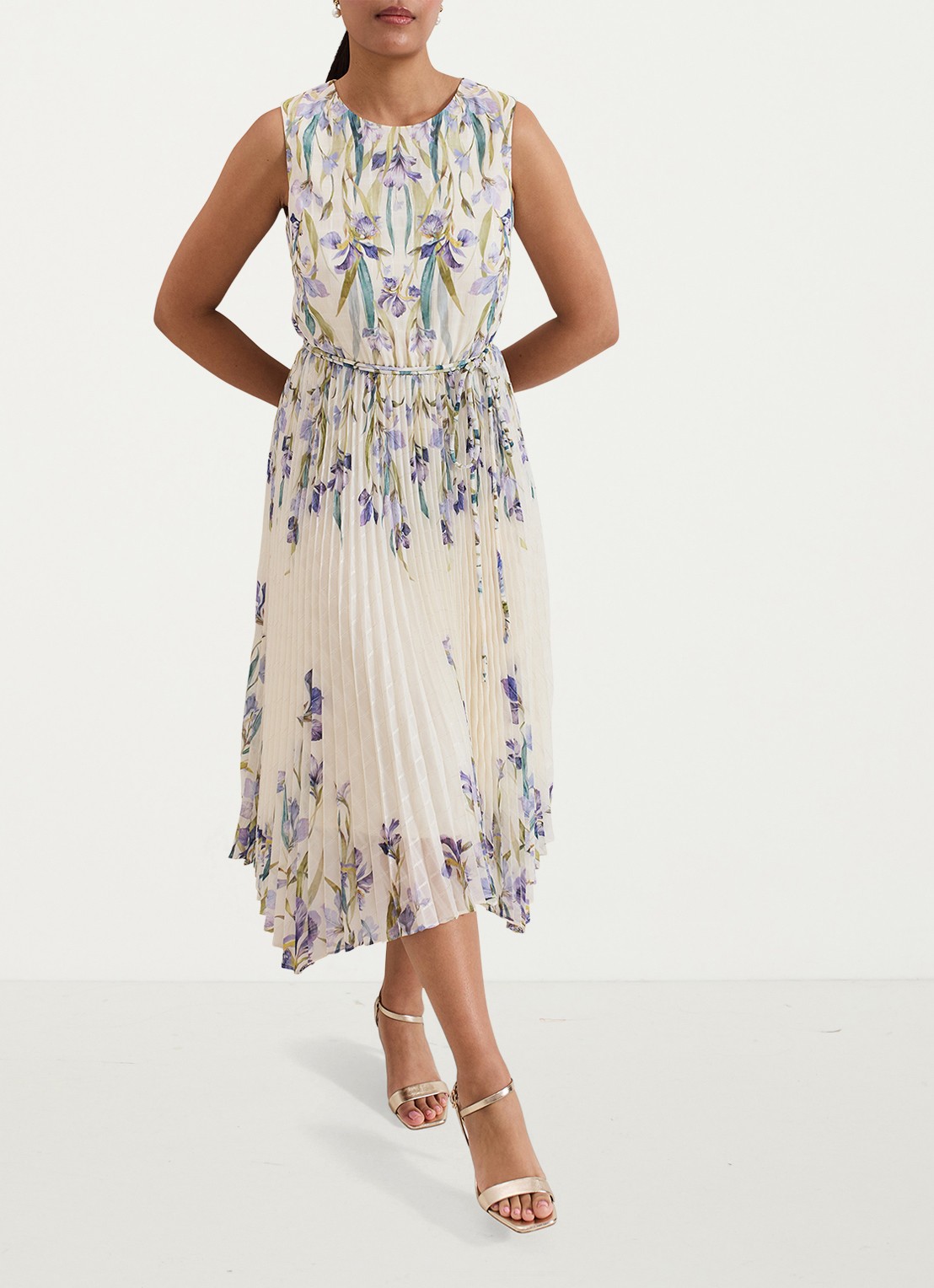 Phase Eight Georgiana mouwloze midi jurk met bloemenprint en plissé - voorkant 7 creme