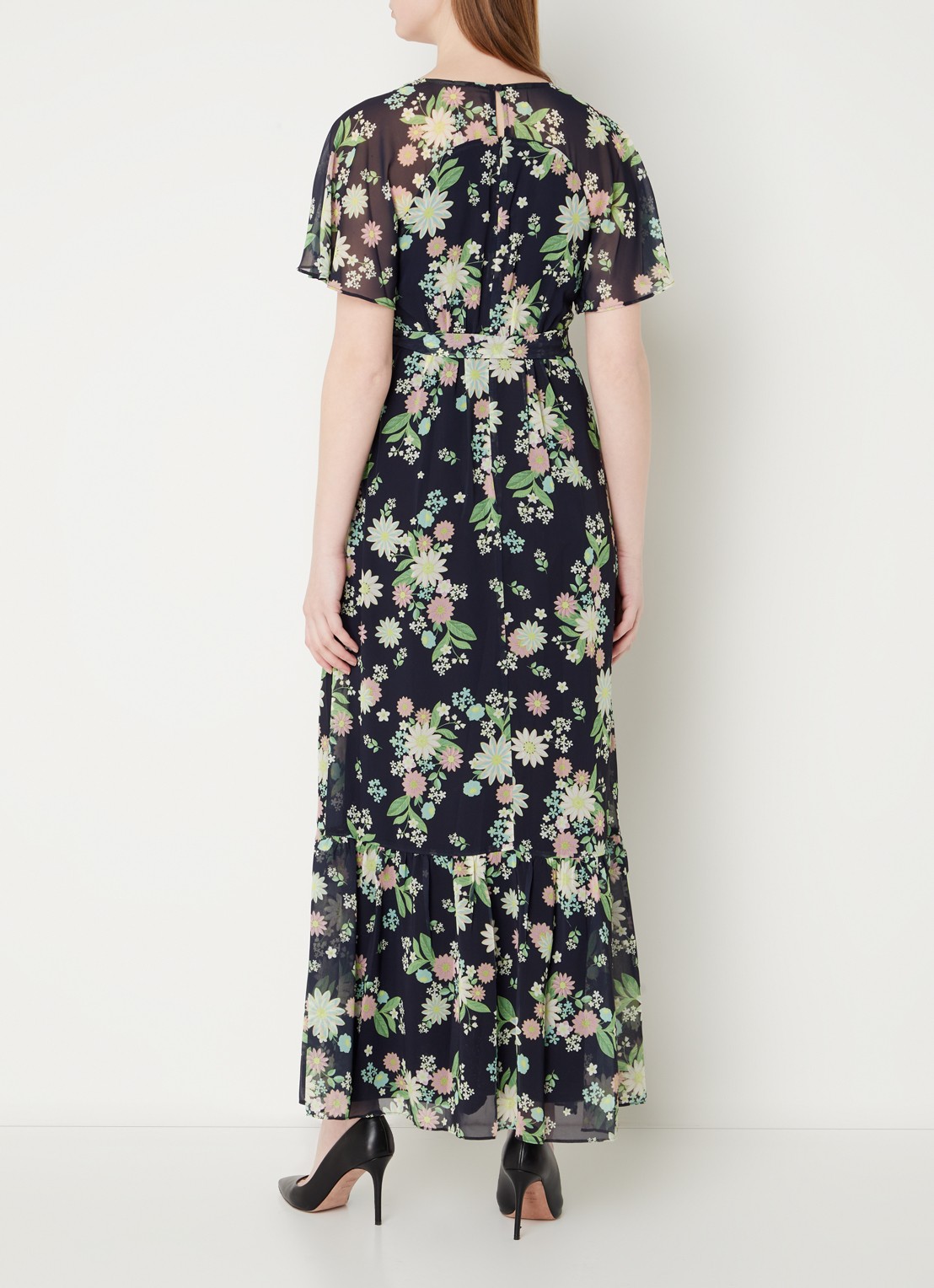Phase Eight Georgie semi-transparante maxi tuniekjurk met bloemenprint - achterkant donkerblauw
