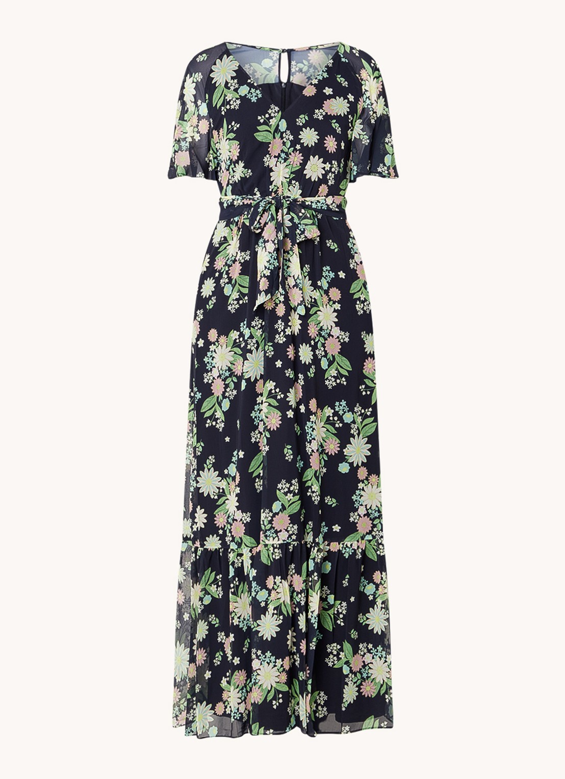 Phase Eight Georgie semi-transparante maxi tuniekjurk met bloemenprint - voorkant 2 donkerblauw