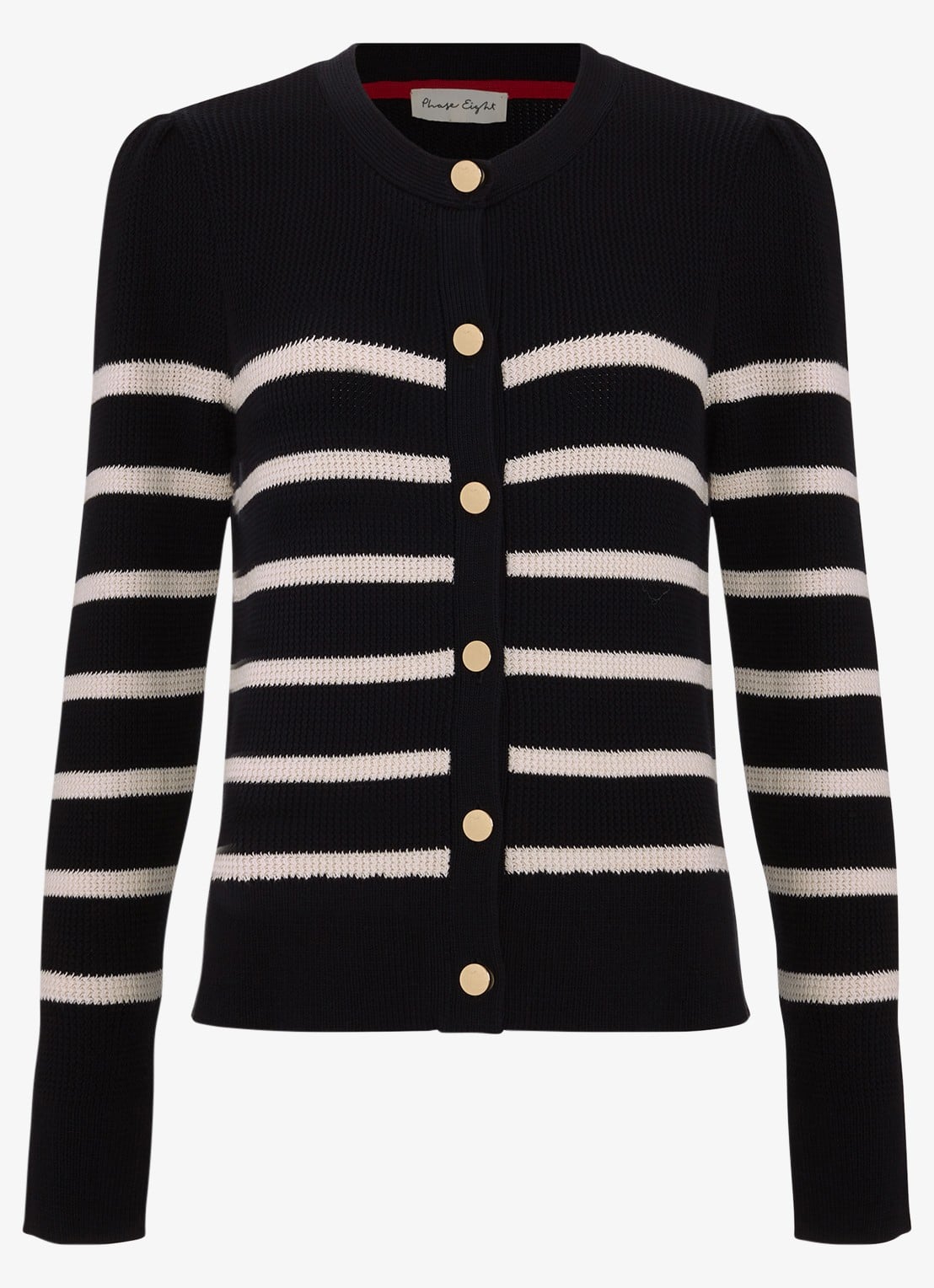 Phase Eight Grofgebreid vest met streepprint  - voorkant 2 donkerblauw