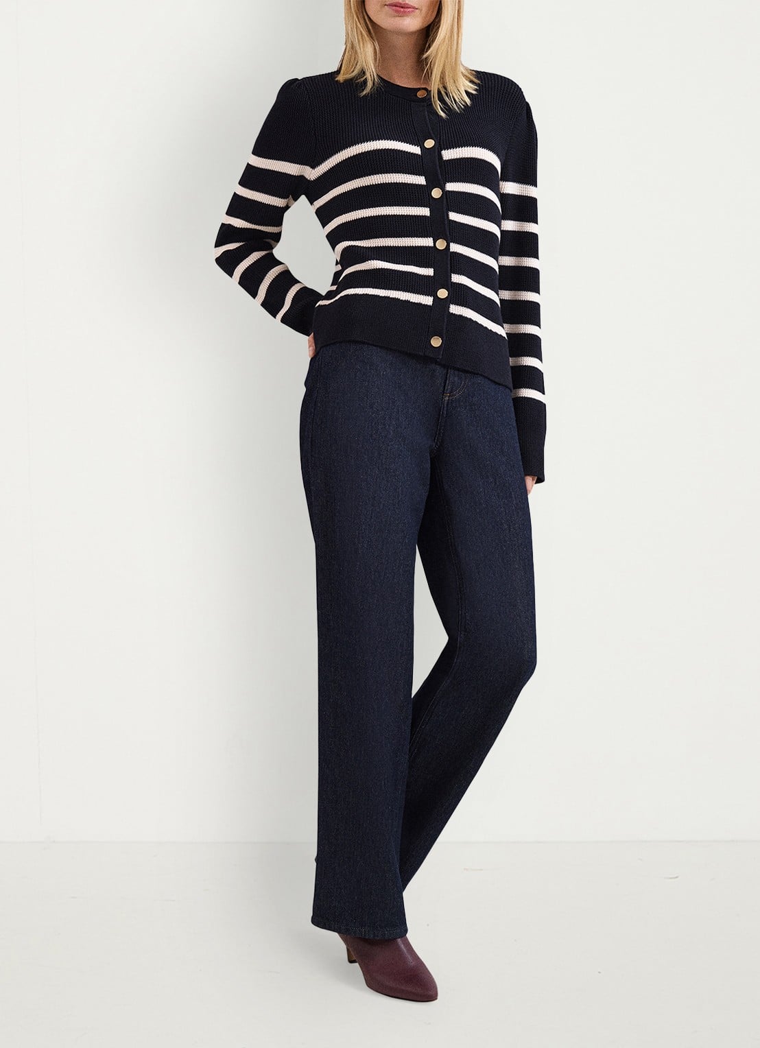 Phase Eight Grofgebreid vest met streepprint  - voorkant 3 donkerblauw