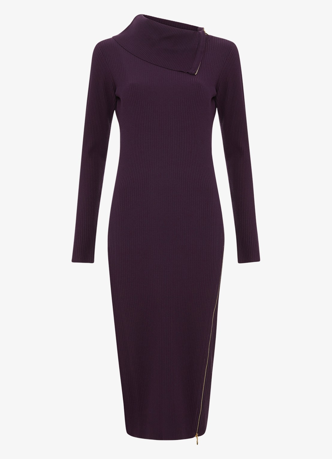 Phase Eight Hartley ribgebreide midi jurk met opstaande kraag  - voorkant 2 paars