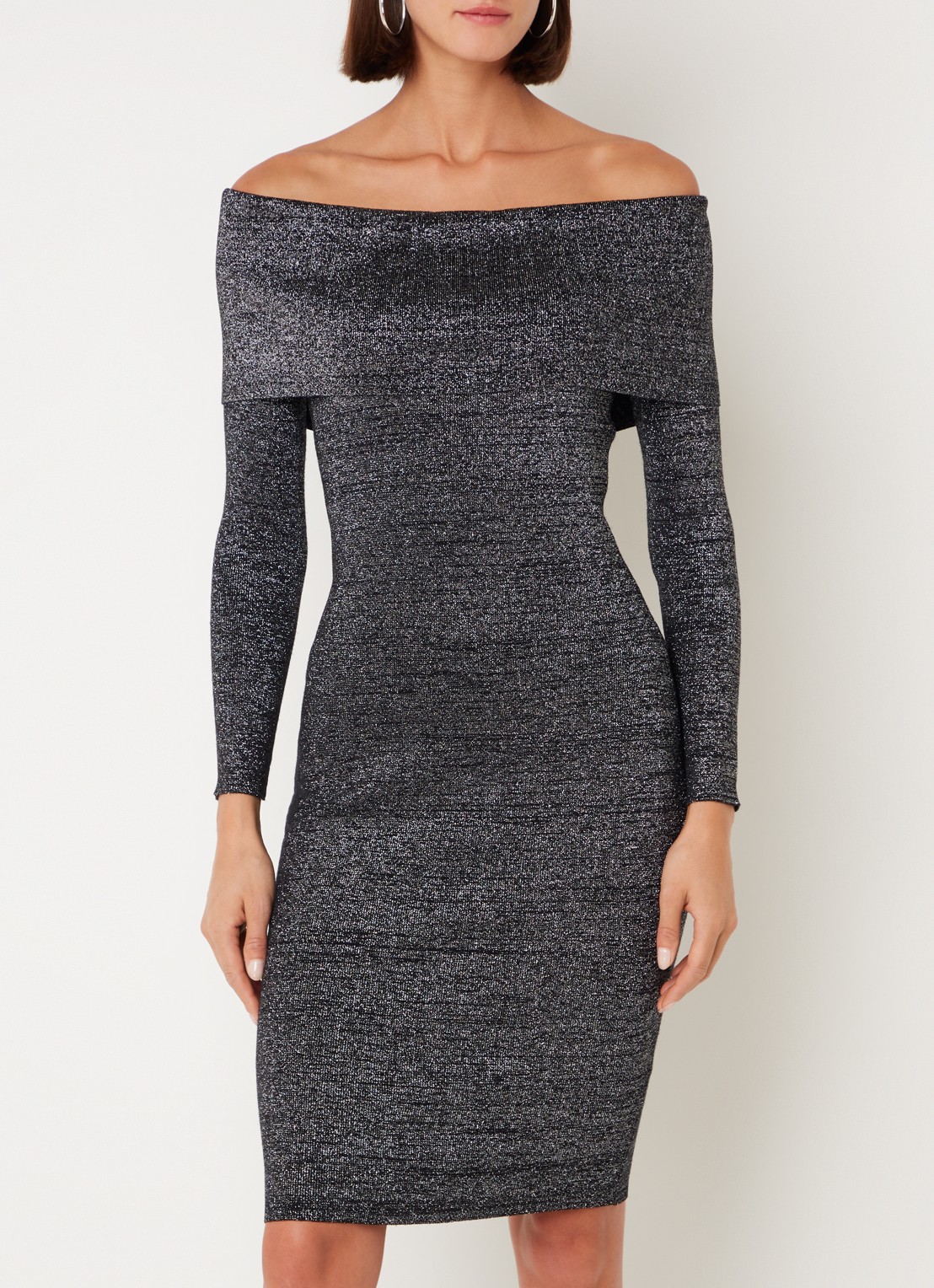 Phase Eight Heidi off shoulder fijngebreide mini jurk met lurex - detail donkergrijs
