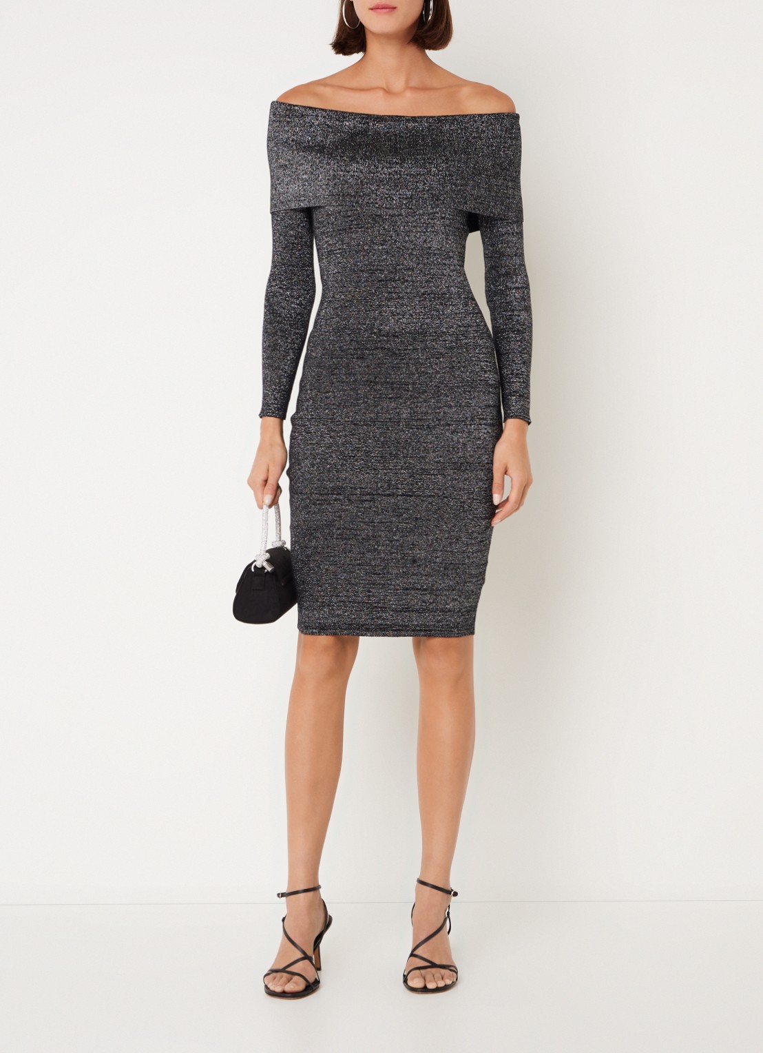 Phase Eight Heidi off shoulder fijngebreide mini jurk met lurex - voorkant 5 donkergrijs
