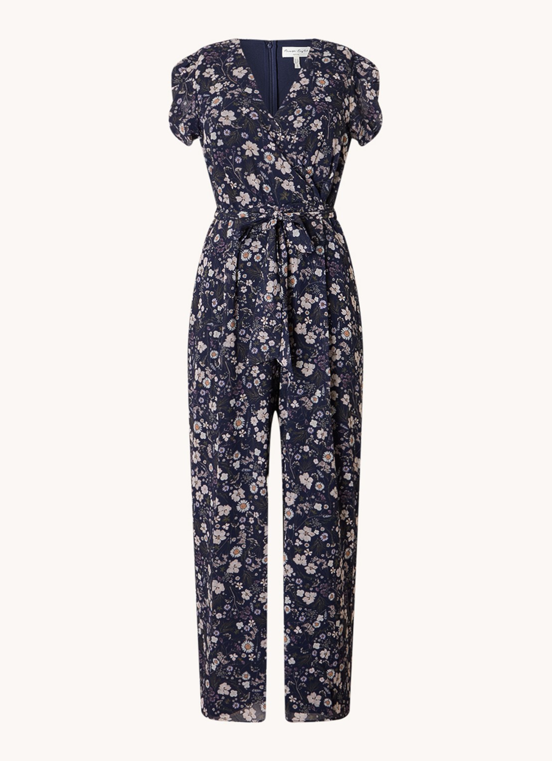 Phase Eight Helene straight fit jumpsuit met bloemenprint en strikceintuur - voorkant 2 donkerblauw