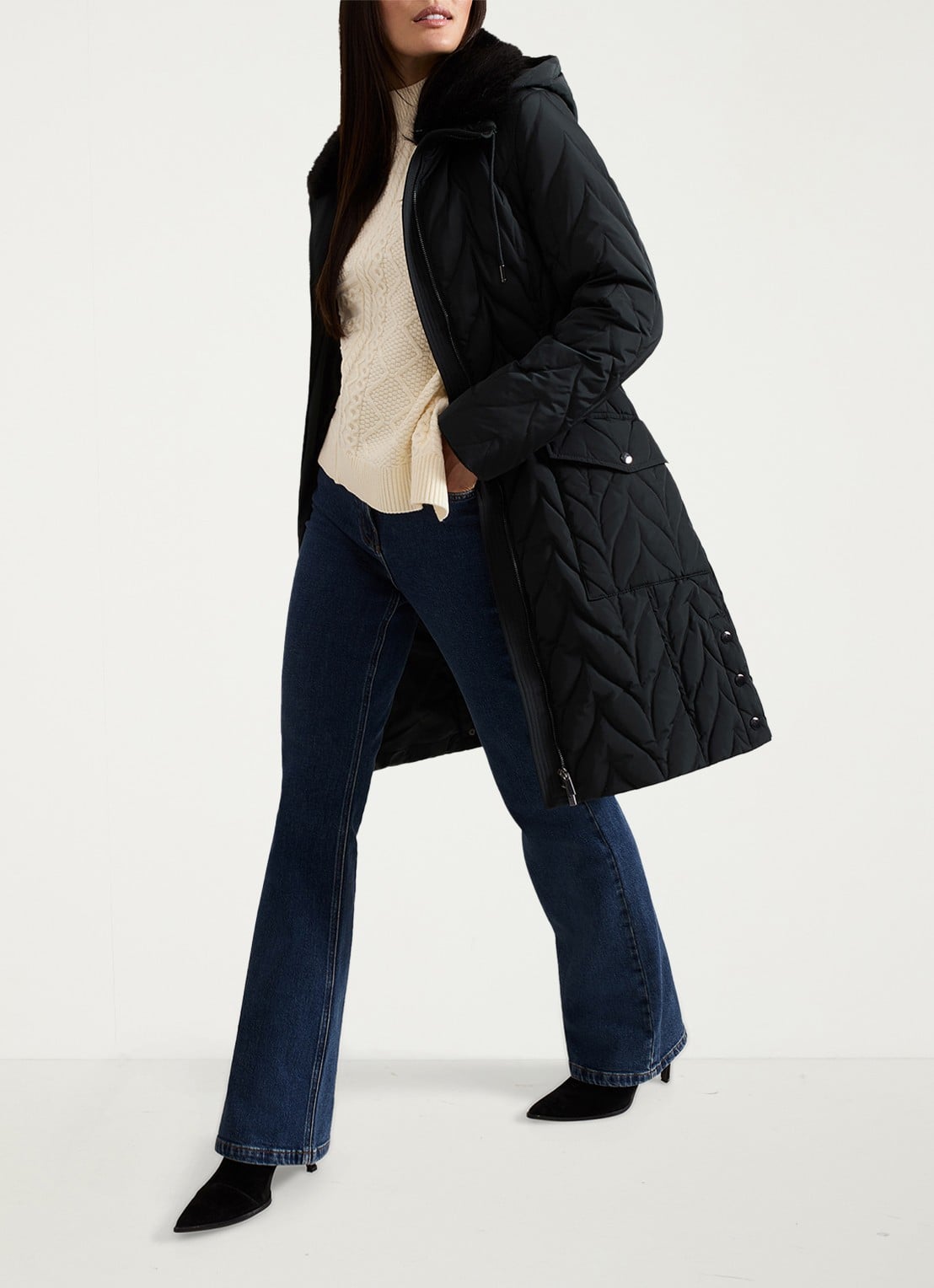 Phase Eight Hollie longline puffer jas met ceintuur  - voorkant 2 donkergroen