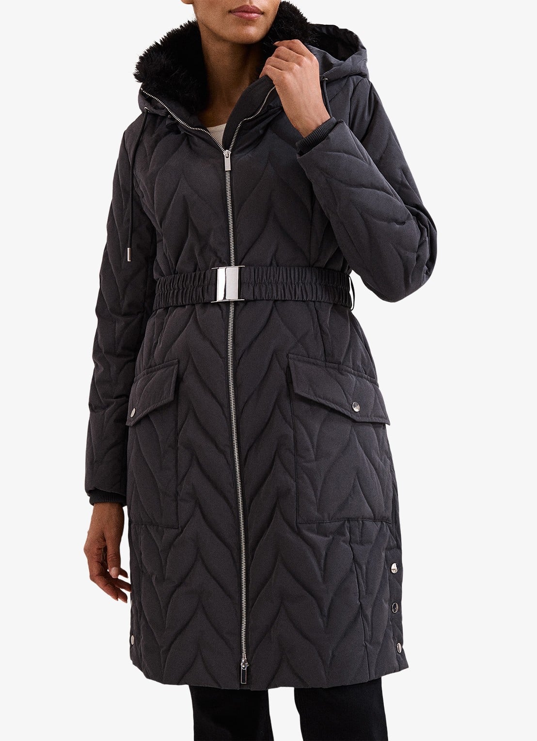 Phase Eight Hollie puffer jas met capuchon met ceintuur - detail antraciet