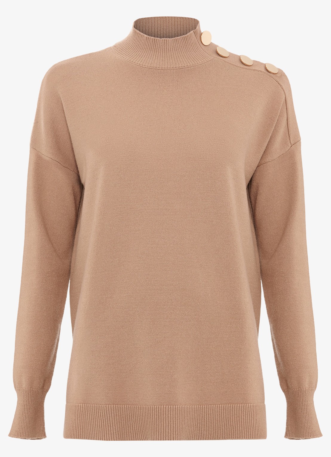 Phase Eight Holly fijngebreide trui met knoopdetail en col - voorkant camel
