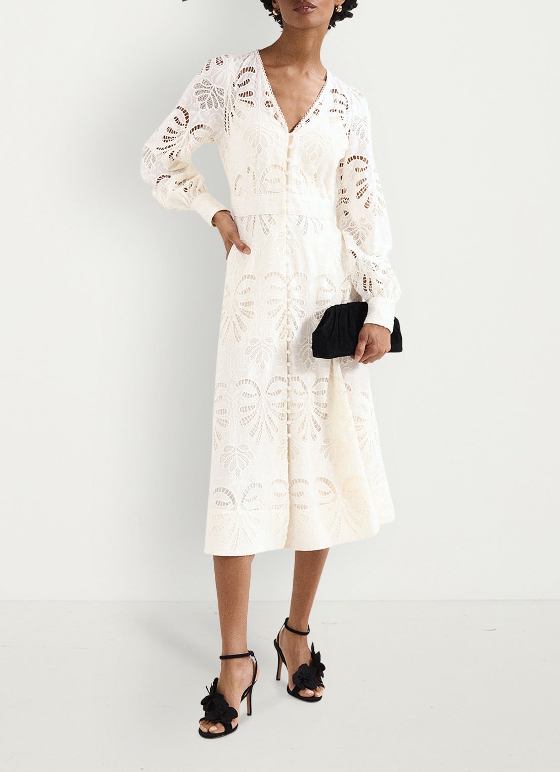 Phase Eight Inara midi jurk met borduring - voorkant 8 gebroken wit