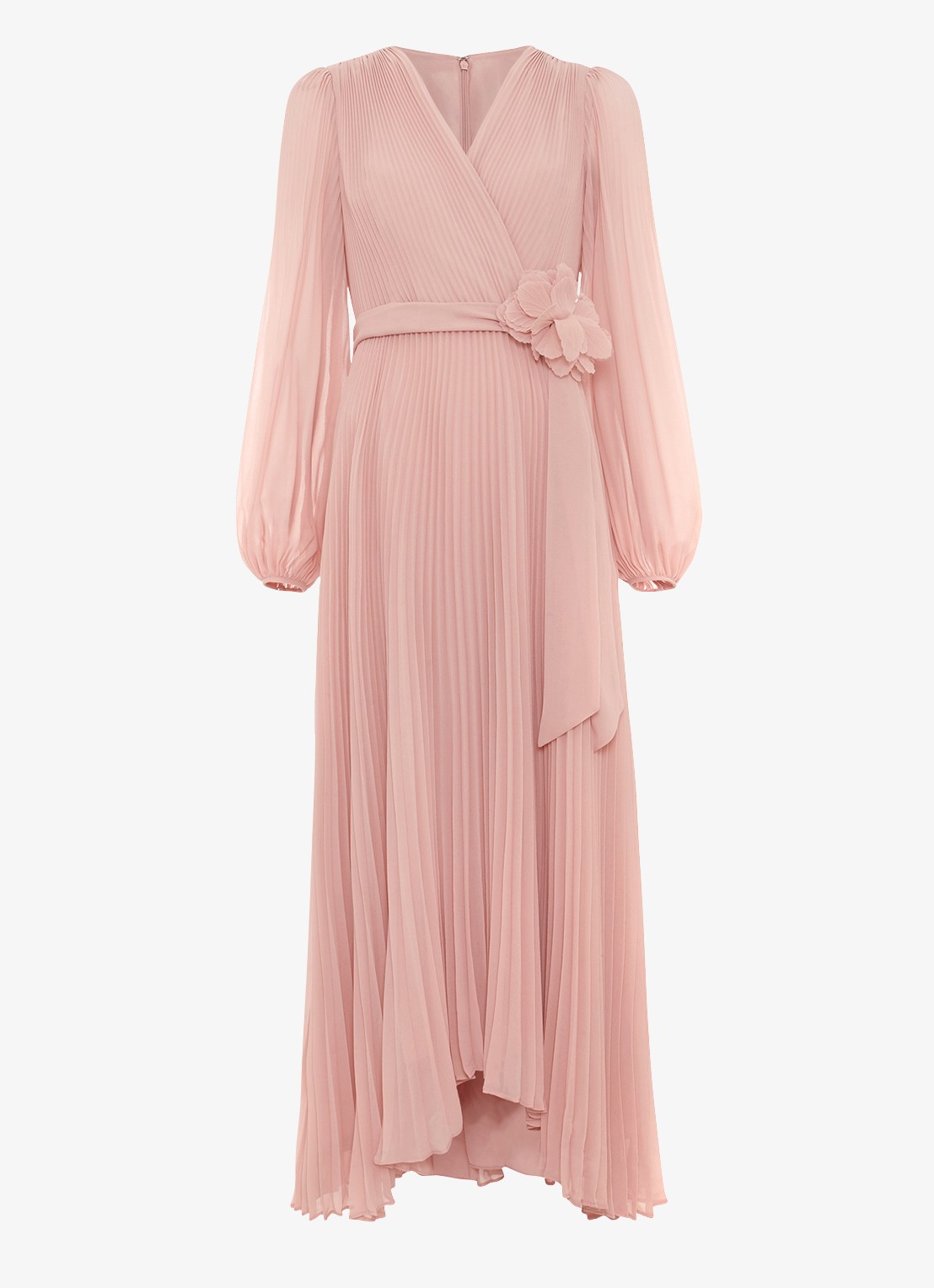 Phase Eight Isadora maxi jurk met plissé en strikceintuur - voorkant 2 lichtroze
