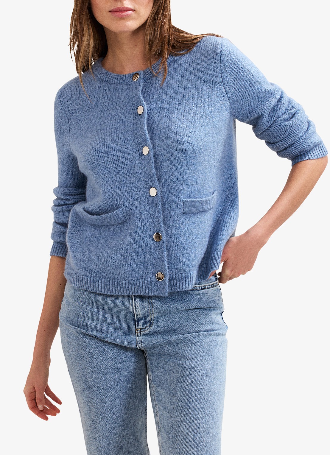 Phase Eight Jade fijngebreid vest met steekzakken - detail donkerblauw