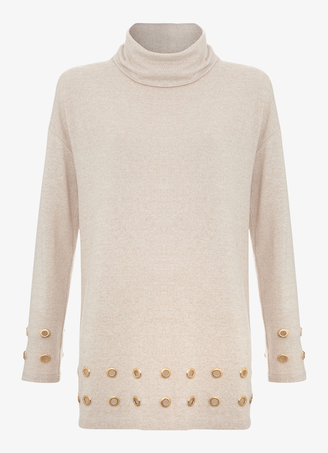 Phase Eight Jennie fijngebreide trui met opstaande kraag - voorkant 2 beige