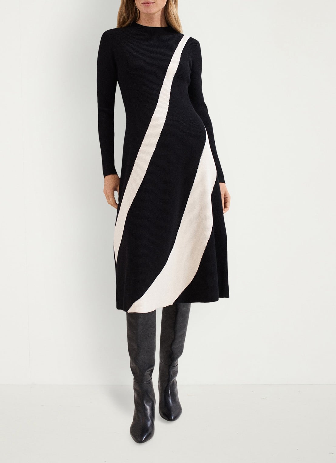 Phase Eight Julie midi jurk met gestreept detail - voorkant 3 zwart