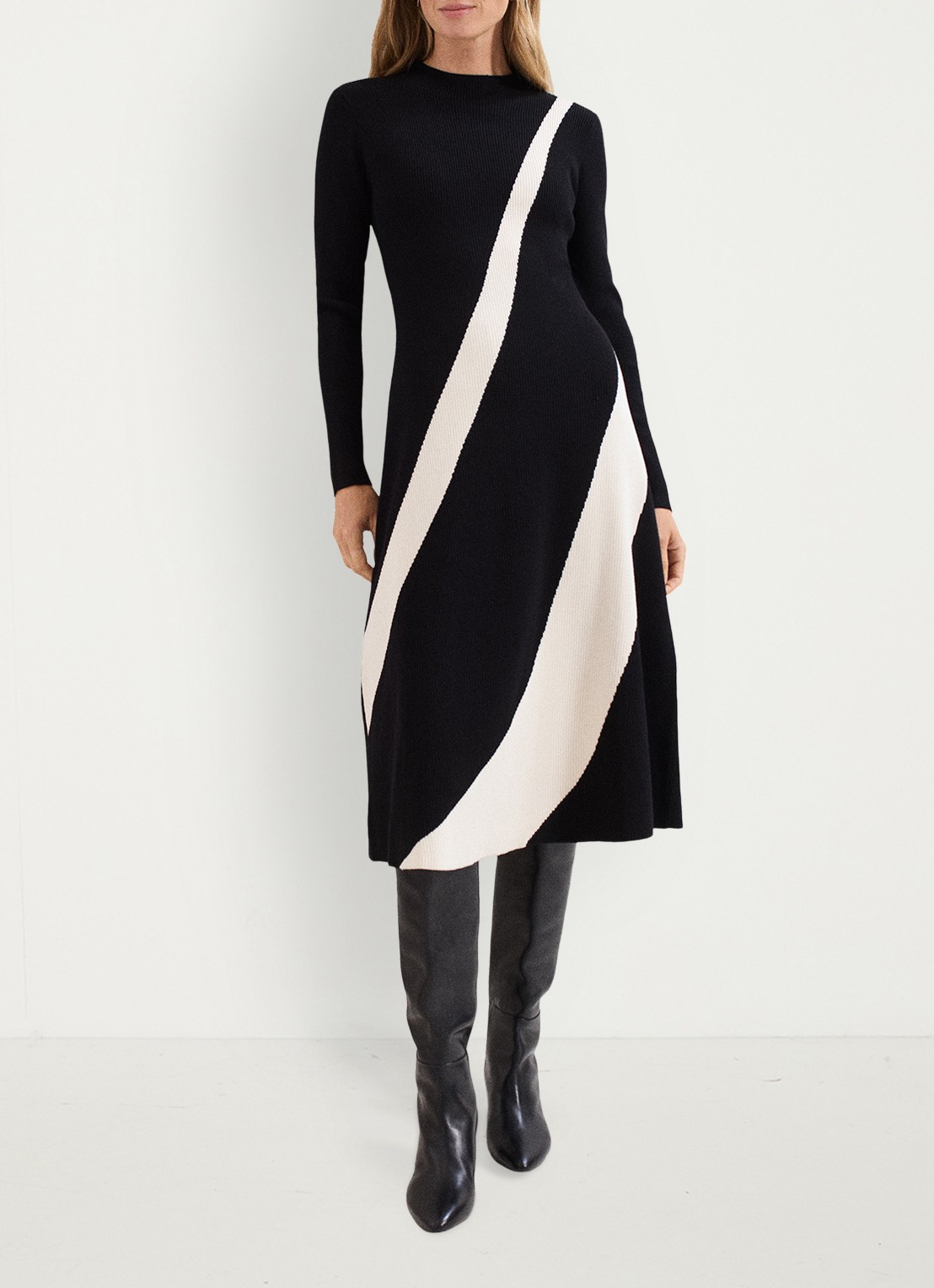 Phase Eight Julie ribgebreide midi jurk met print - voorkant 2 zwart