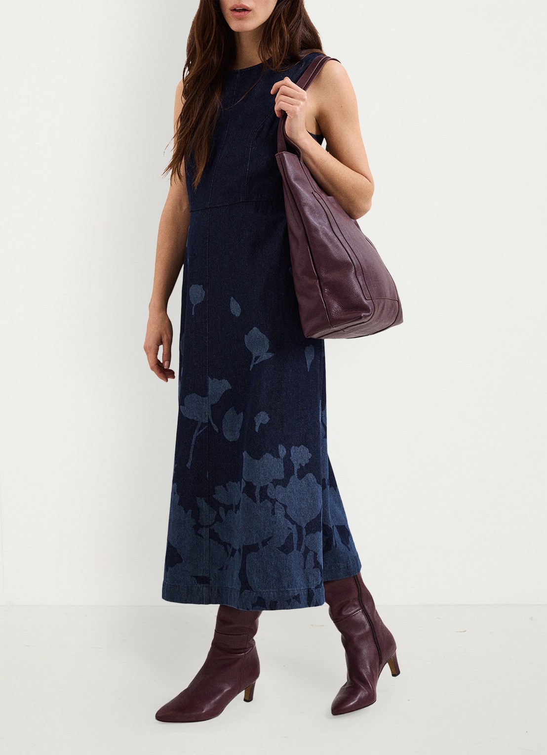 Phase Eight Juliette midi jurk met print en steekzakken - voorkant 3 denim