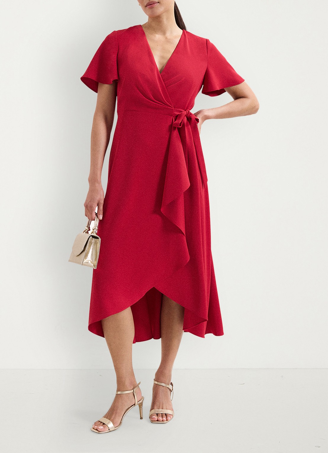 Phase Eight Julissa midi jurk met strikceintuur - voorkant 2 koraalrood