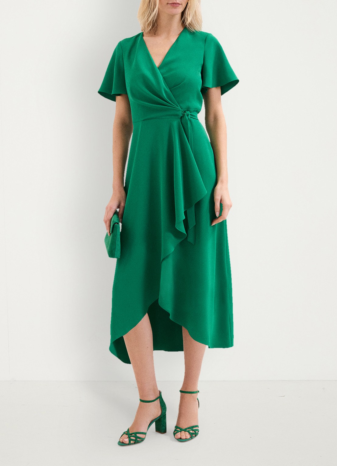 Phase Eight Julissa midi wikkeljurk met strikceintuur - voorkant 2 groen