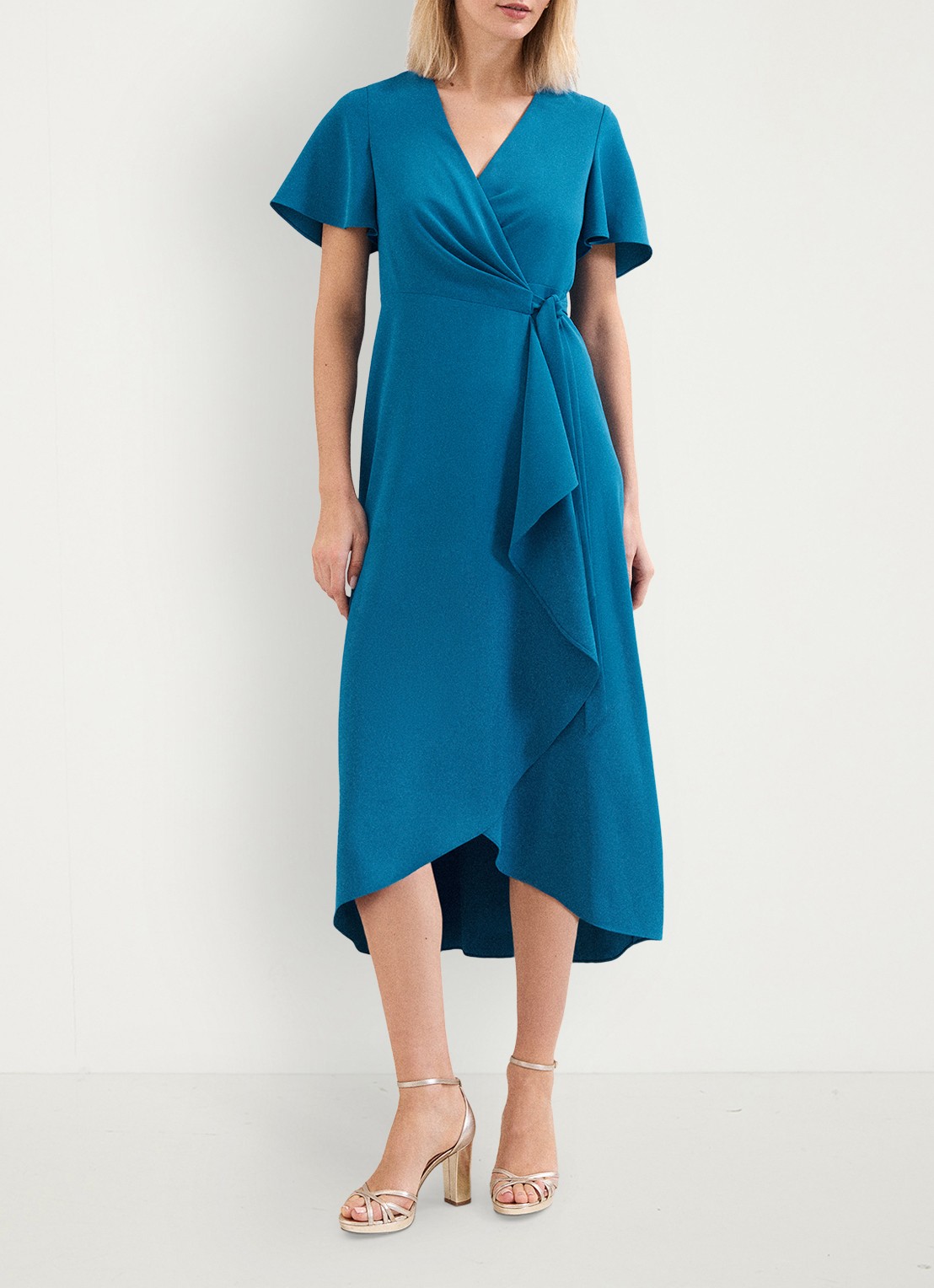 Phase Eight Julissa midi wikkeljurk met strikceintuur - voorkant 8 blauw