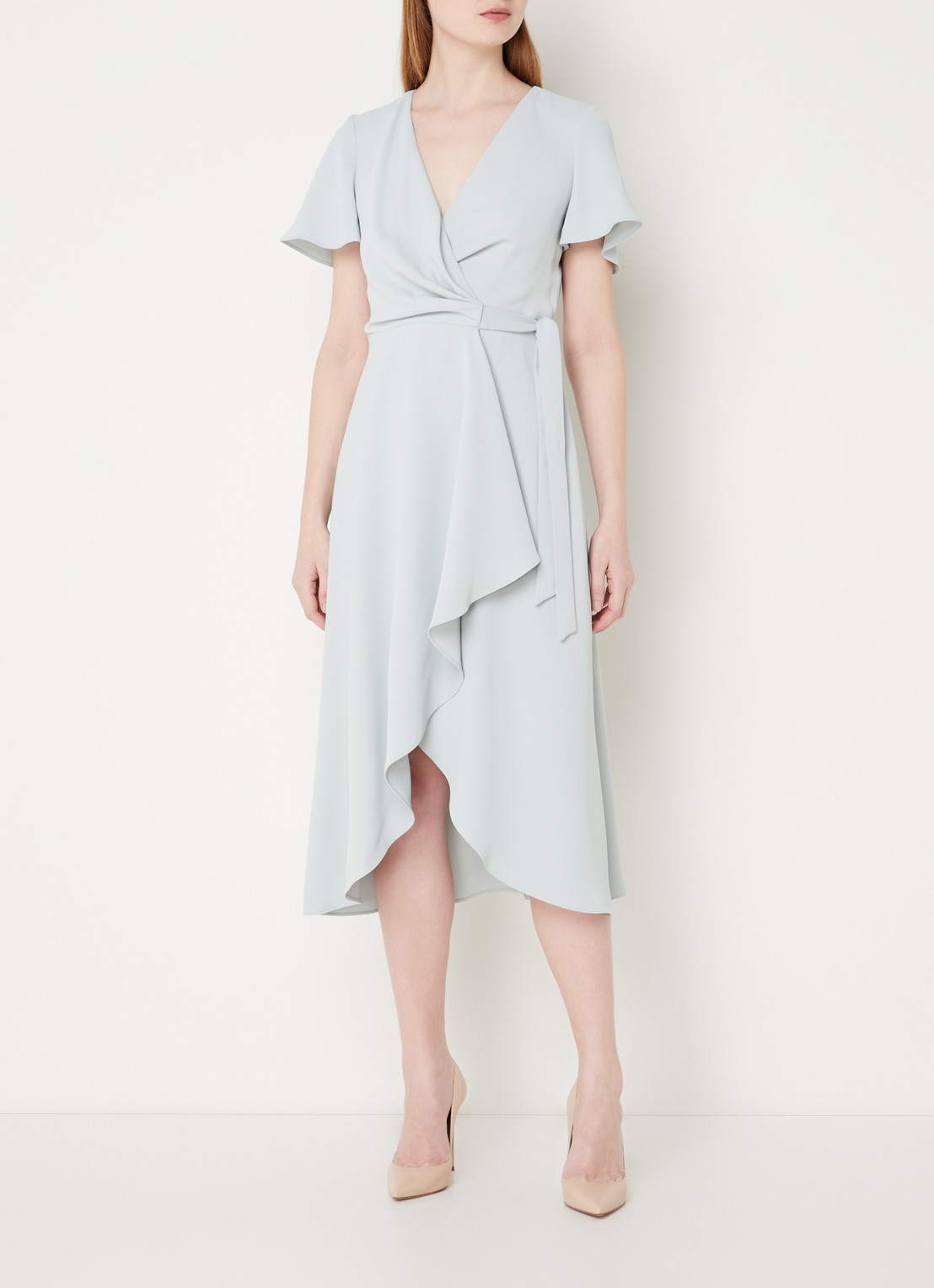 Phase Eight Julissa midi wikkeljurk met volant en strikceintuur - voorkant 2 mint